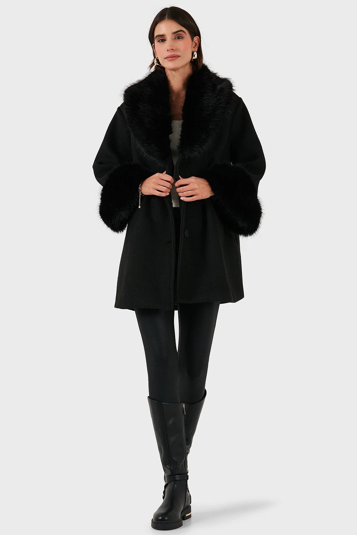 Via Dante Oversize Fit Şal Yaka Kürk Detaylı Astarlı Kadın Mont 690852 SİYAH - 1