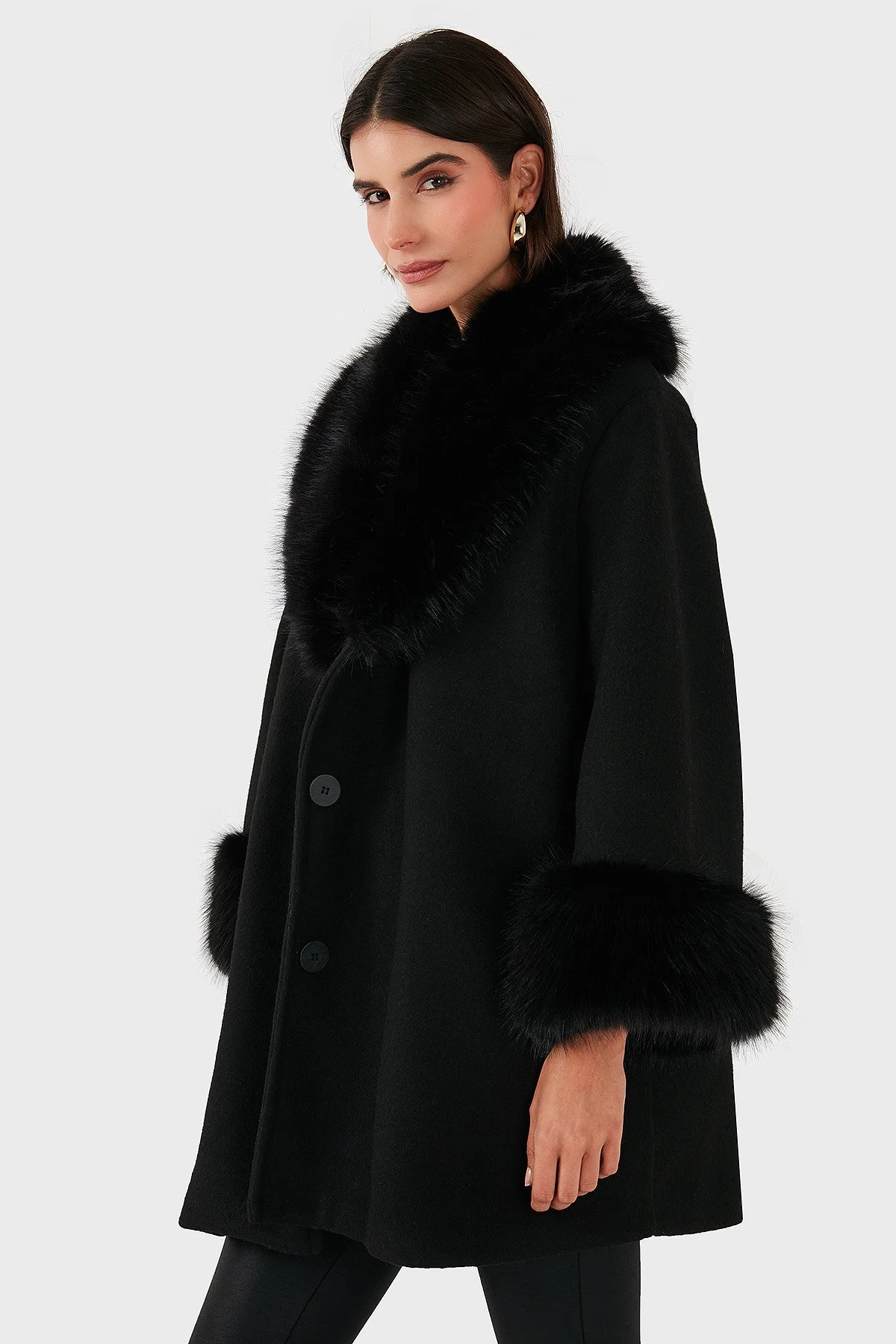 Via Dante Oversize Fit Şal Yaka Kürk Detaylı Astarlı Kadın Mont 690852 SİYAH - 2