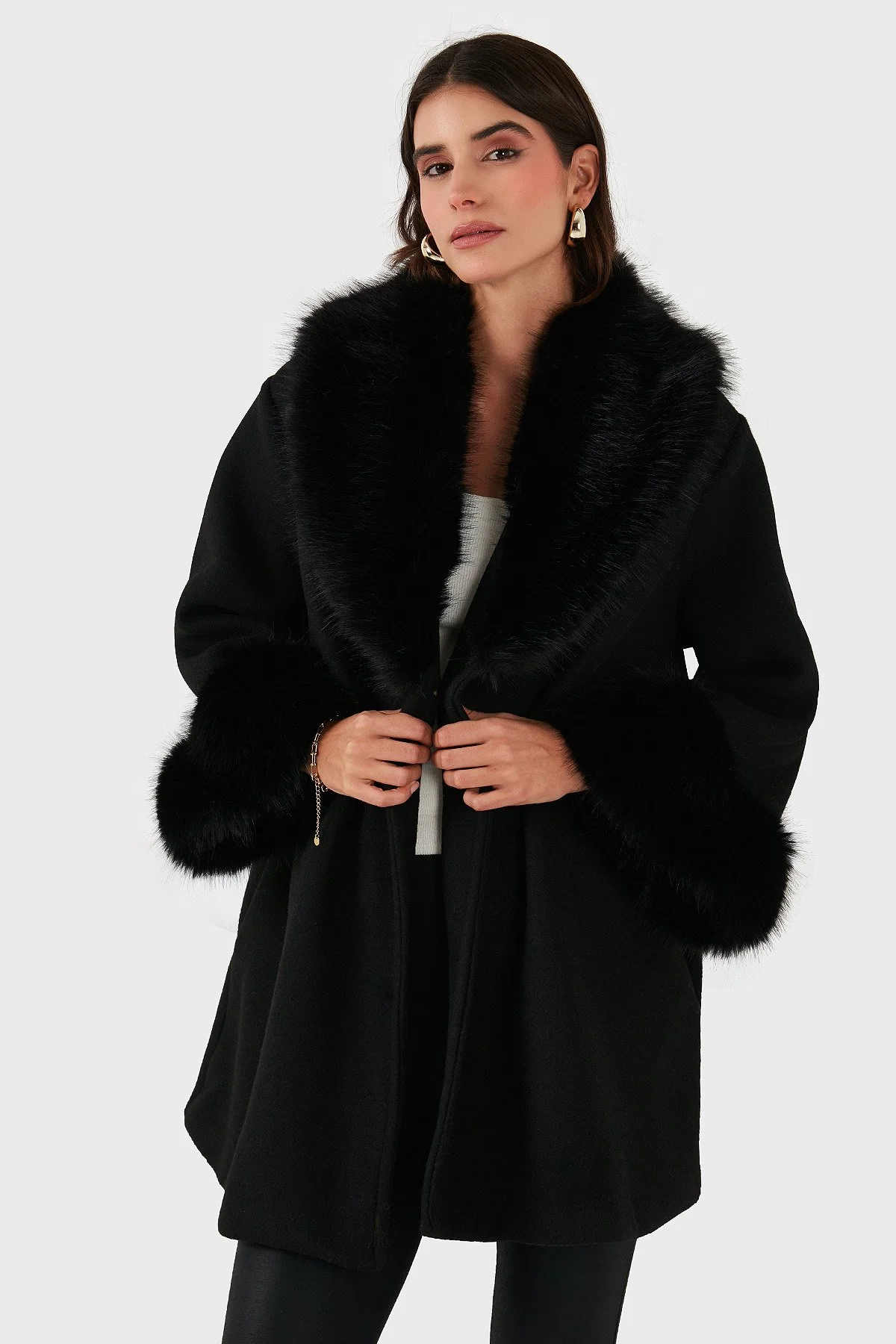 Via Dante Oversize Fit Şal Yaka Kürk Detaylı Astarlı Kadın Mont 690852 SİYAH - 4