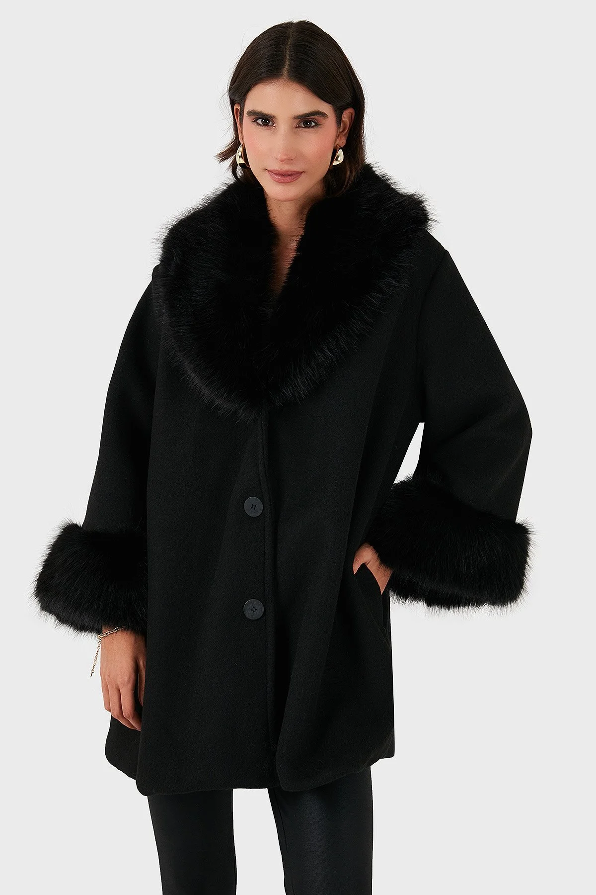 Via Dante Oversize Fit Şal Yaka Kürk Detaylı Astarlı Kadın Mont 690852 SİYAH - 5