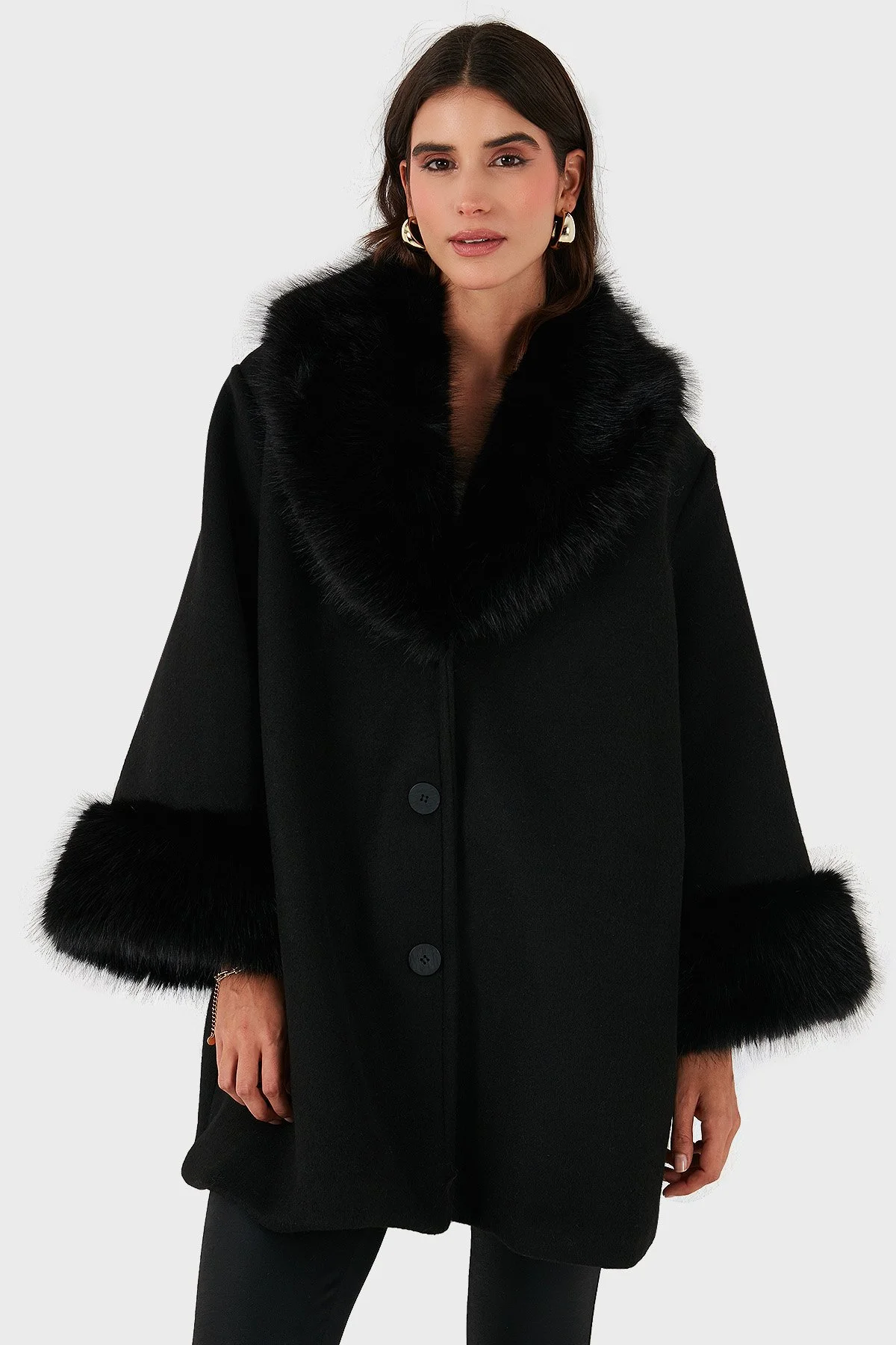 Via Dante Oversize Fit Şal Yaka Kürk Detaylı Astarlı Kadın Mont 690852 SİYAH - 6