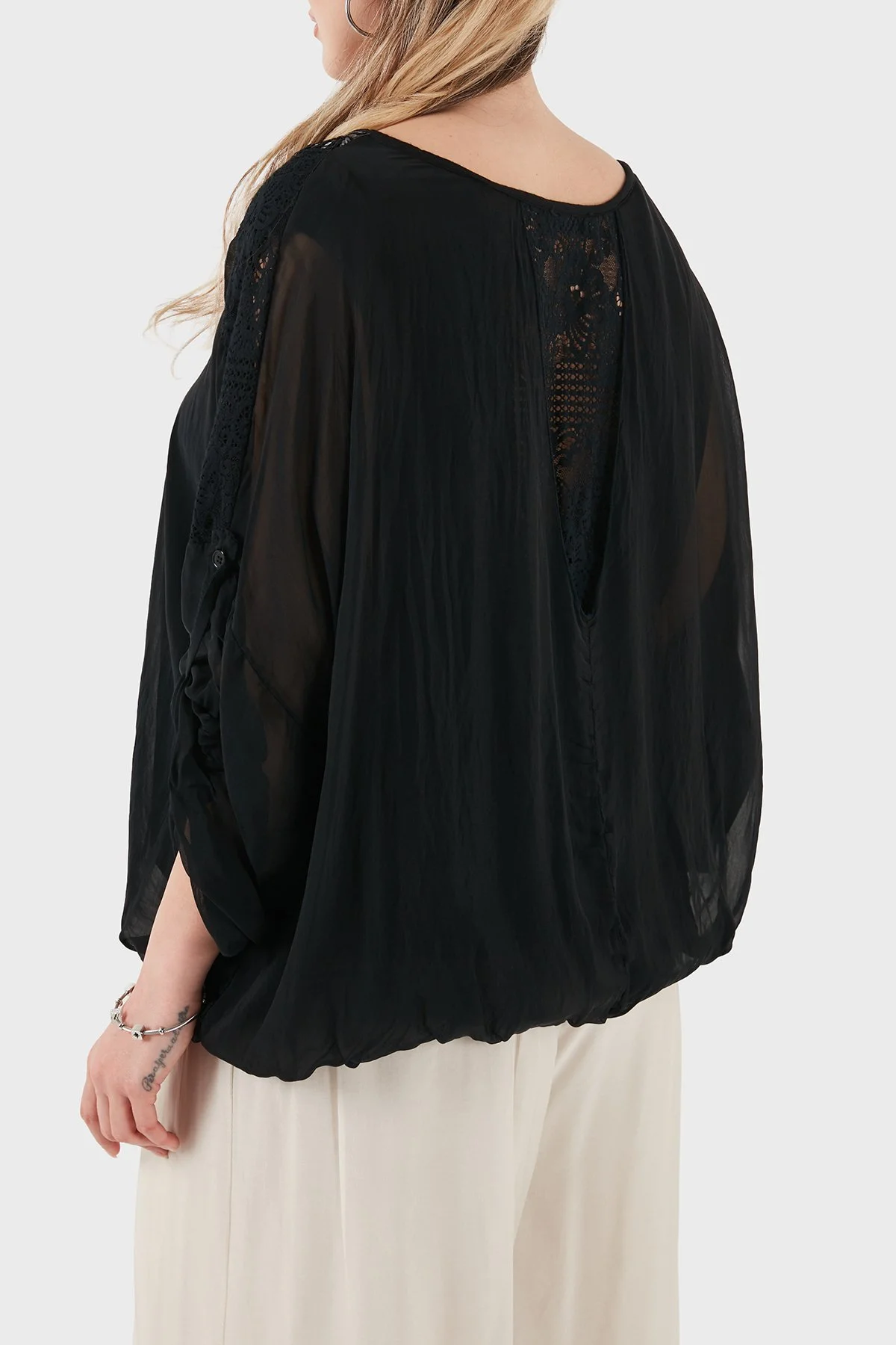 Via Dante Oversize Güpür Detaylı V Yaka Kadın Bluz 6909166 SİYAH - 3