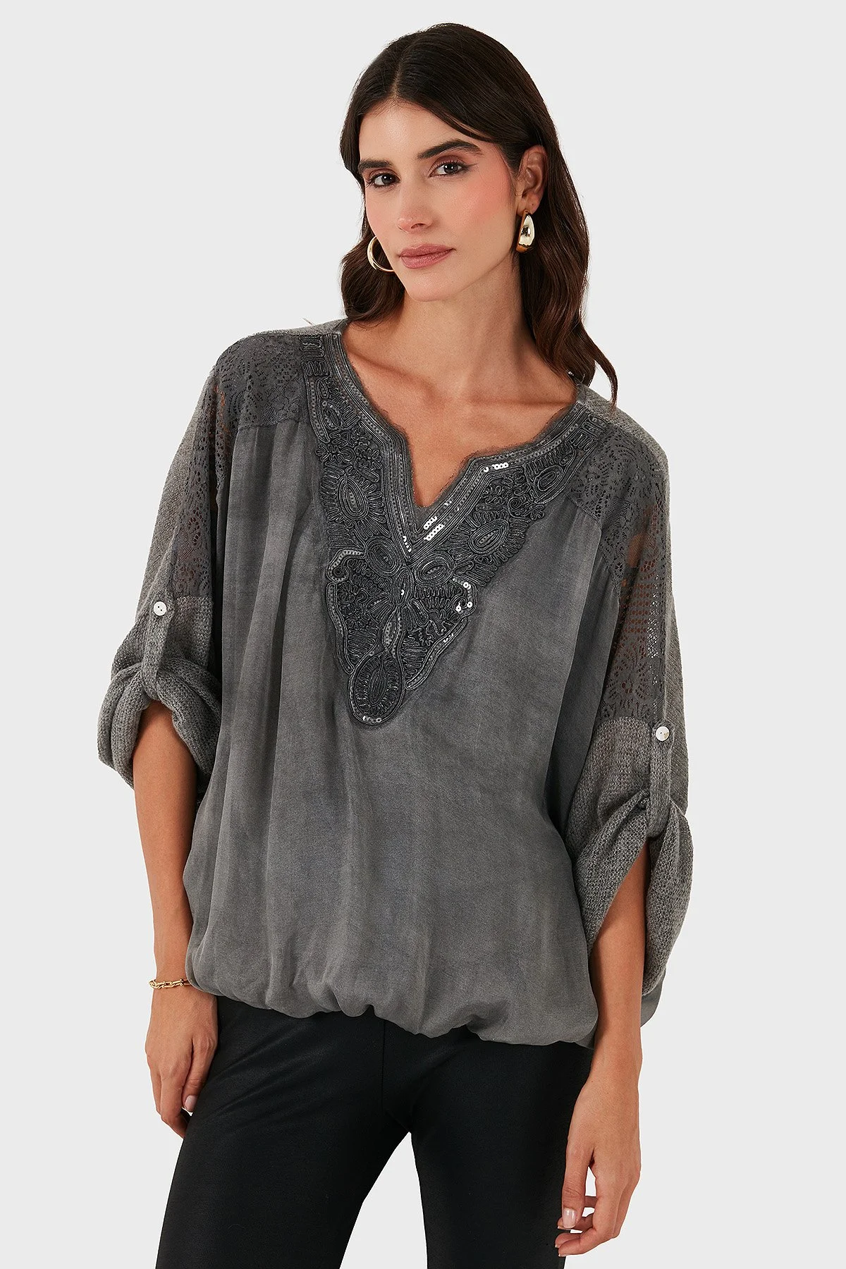 Via Dante Oversize V Yaka Pul Dantel Detaylı Bayan Bluz 690822 ANTRASİT - 5