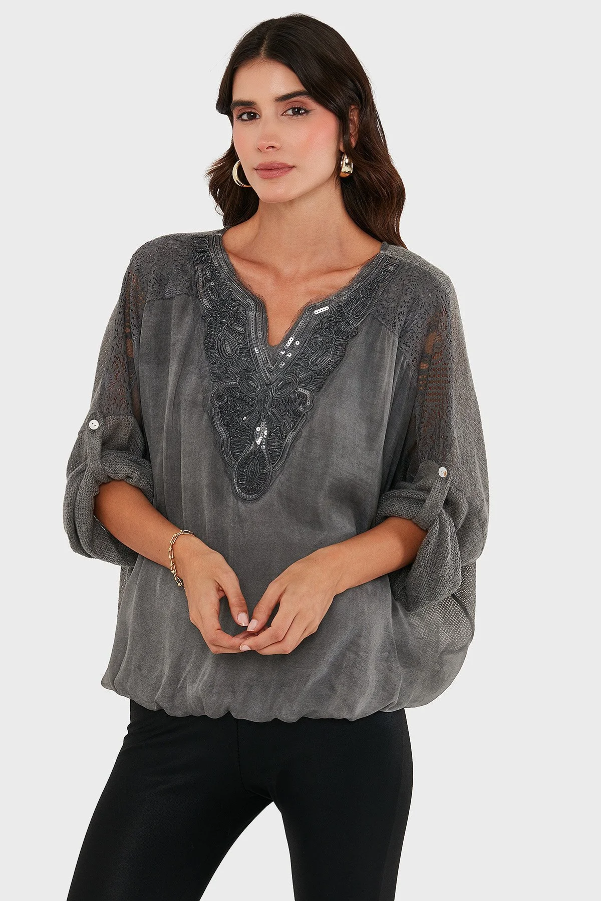 Via Dante Oversize V Yaka Pul Dantel Detaylı Bayan Bluz 690822 ANTRASİT - 6