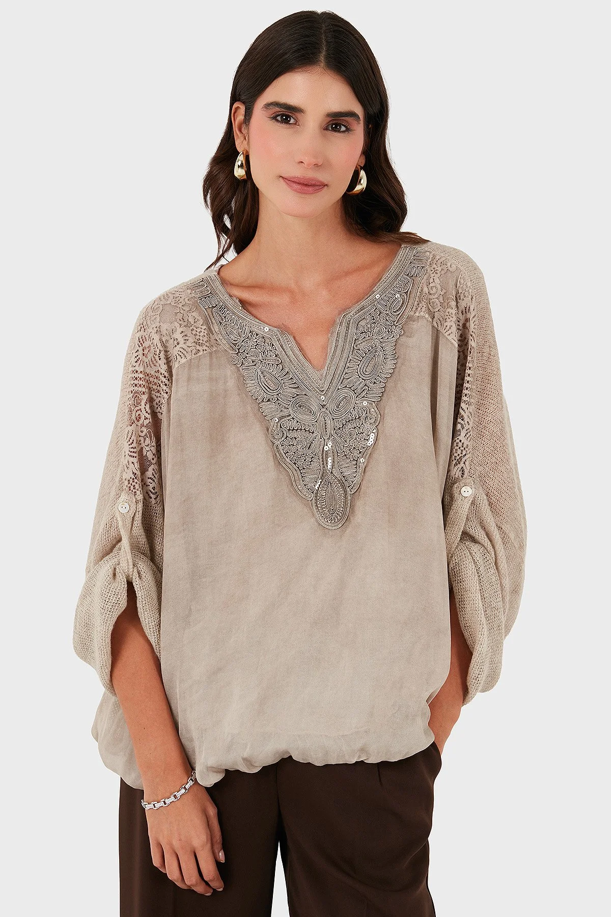 Via Dante Oversize V Yaka Pul Dantel Detaylı Bayan Bluz 690822 BEJ - 5