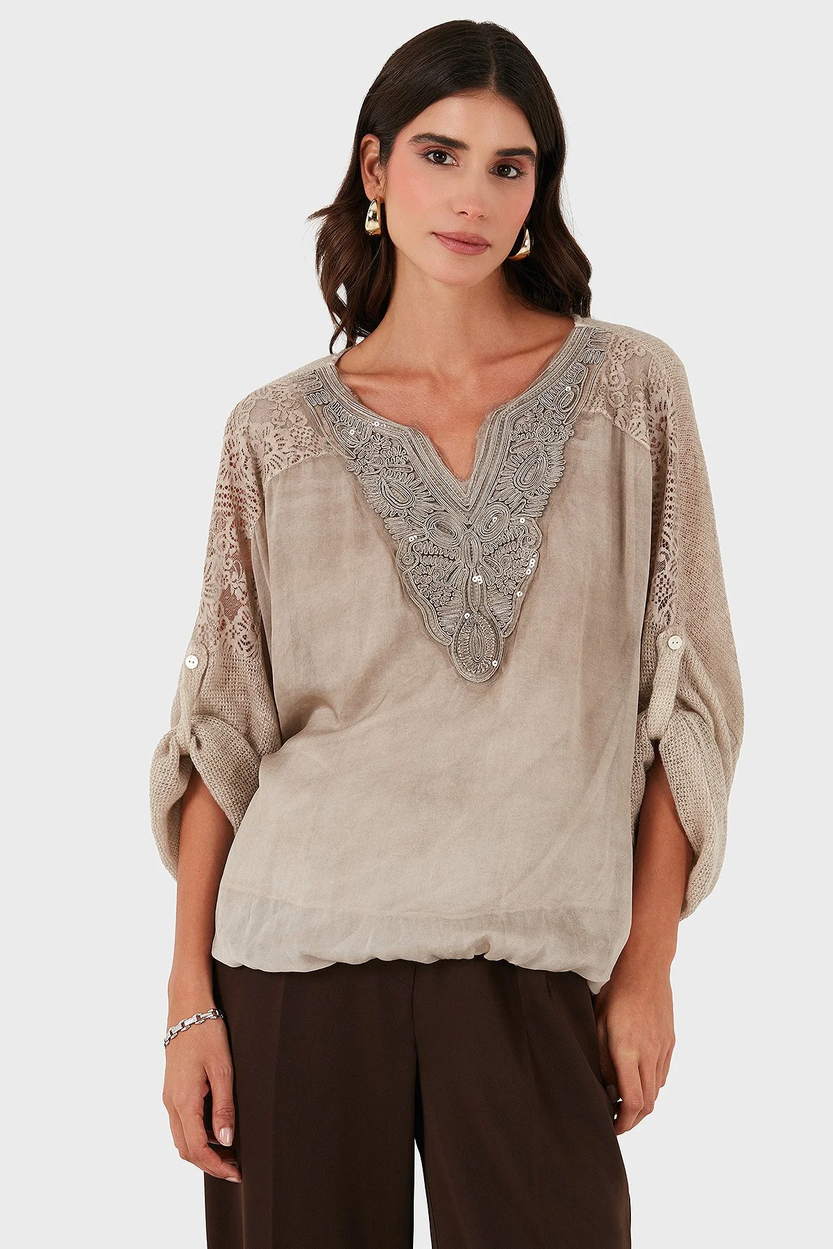 Via Dante Oversize V Yaka Pul Dantel Detaylı Bayan Bluz 690822 BEJ - 7