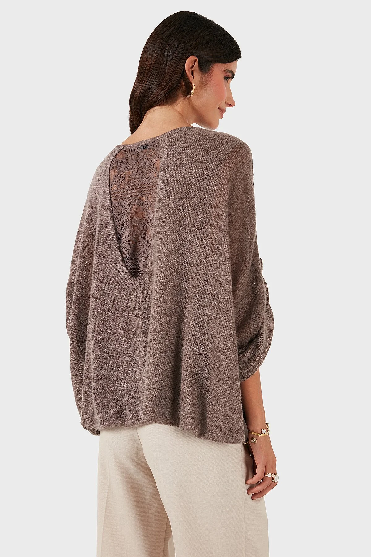 Via Dante Oversize V Yaka Pul Dantel Detaylı Bayan Bluz 690822 GÜL KURUSU - 3