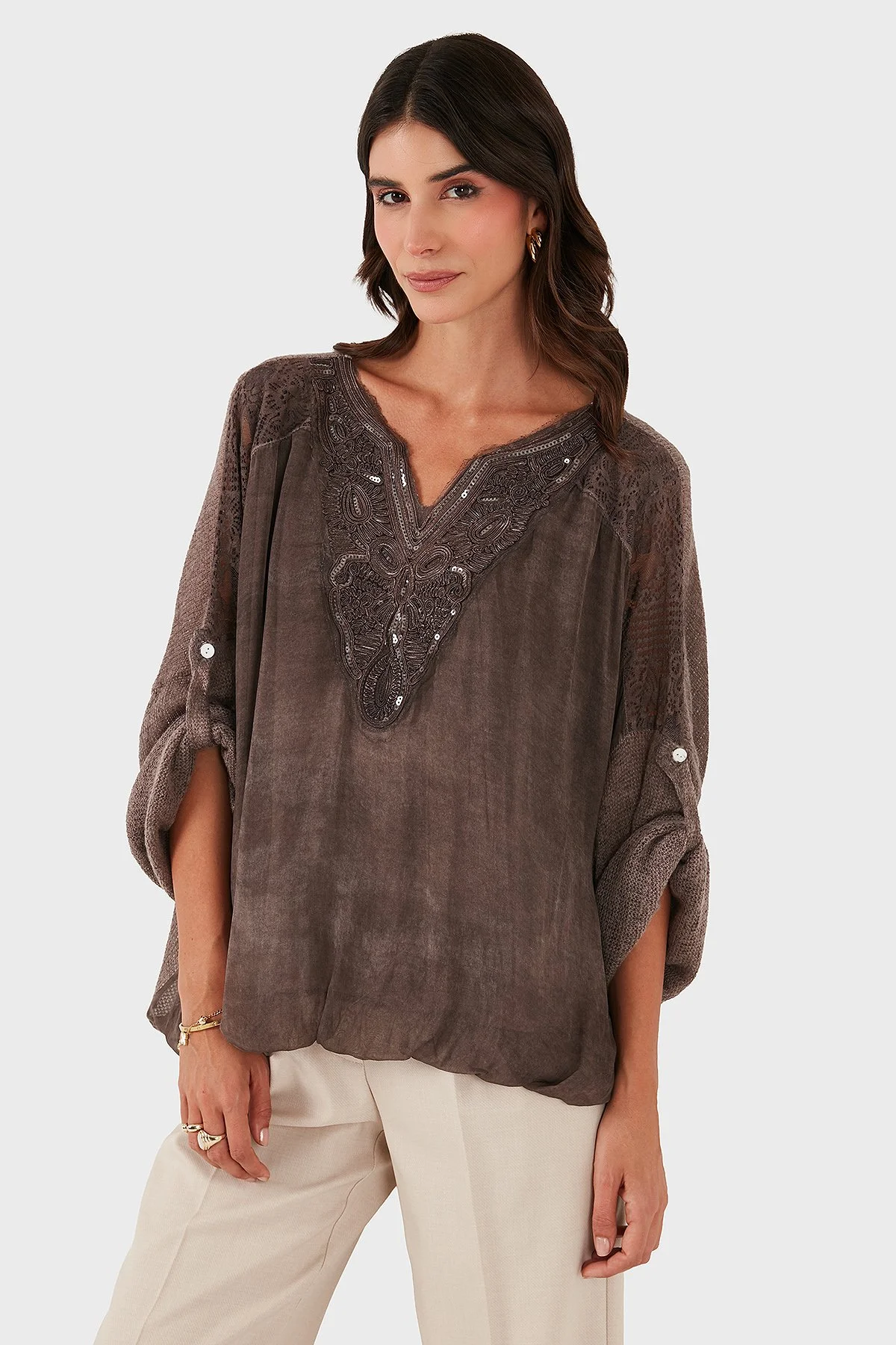 Via Dante Oversize V Yaka Pul Dantel Detaylı Bayan Bluz 690822 GÜL KURUSU - 5