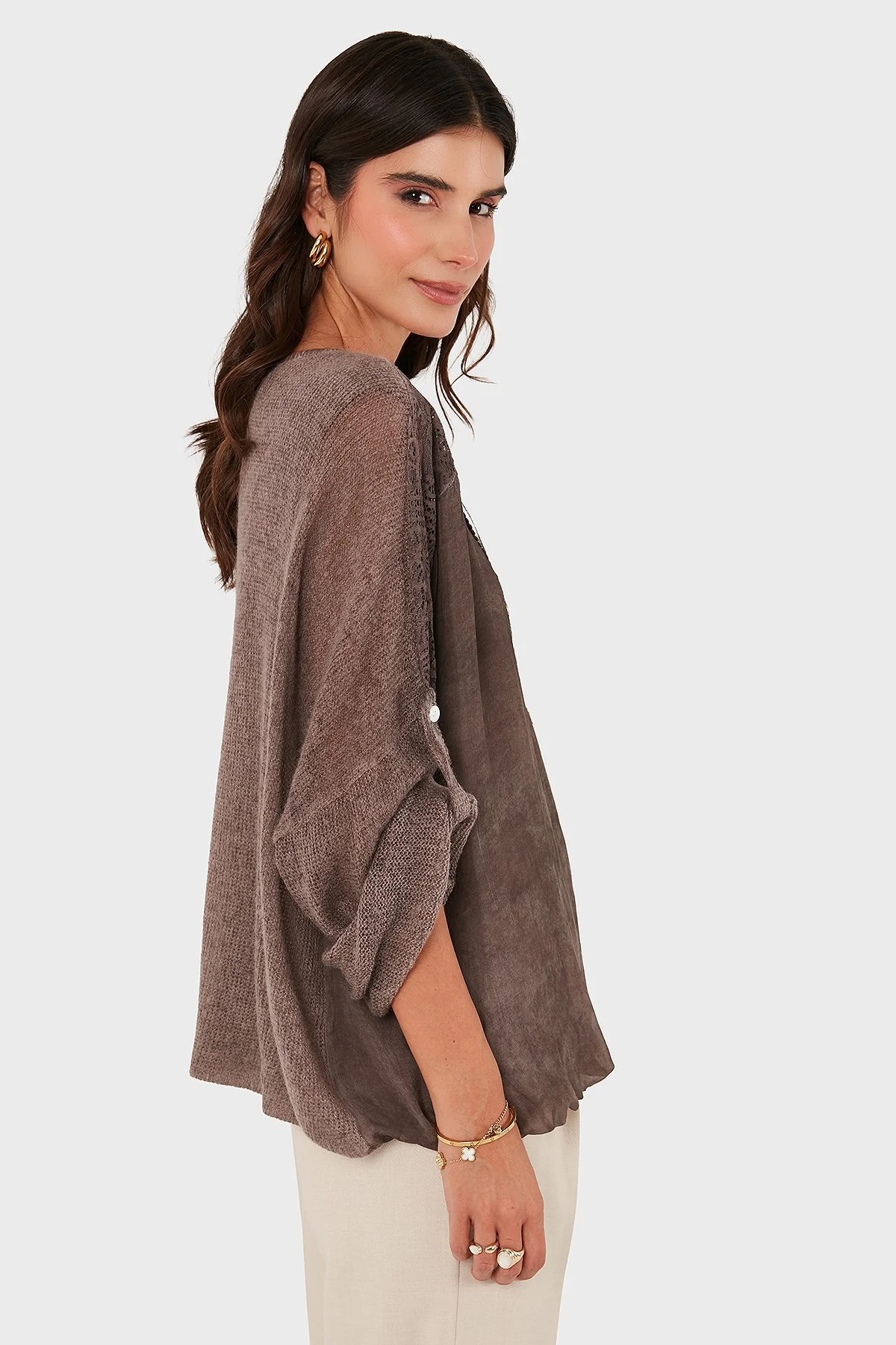 Via Dante Oversize V Yaka Pul Dantel Detaylı Bayan Bluz 690822 GÜL KURUSU - 6