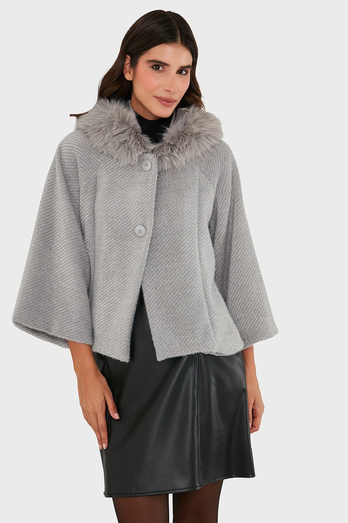 Via Dante Oversize Yumuşak Tüylü Kapüşon Truvakar Kollu Bayan Mont 690920 GRİ - 5