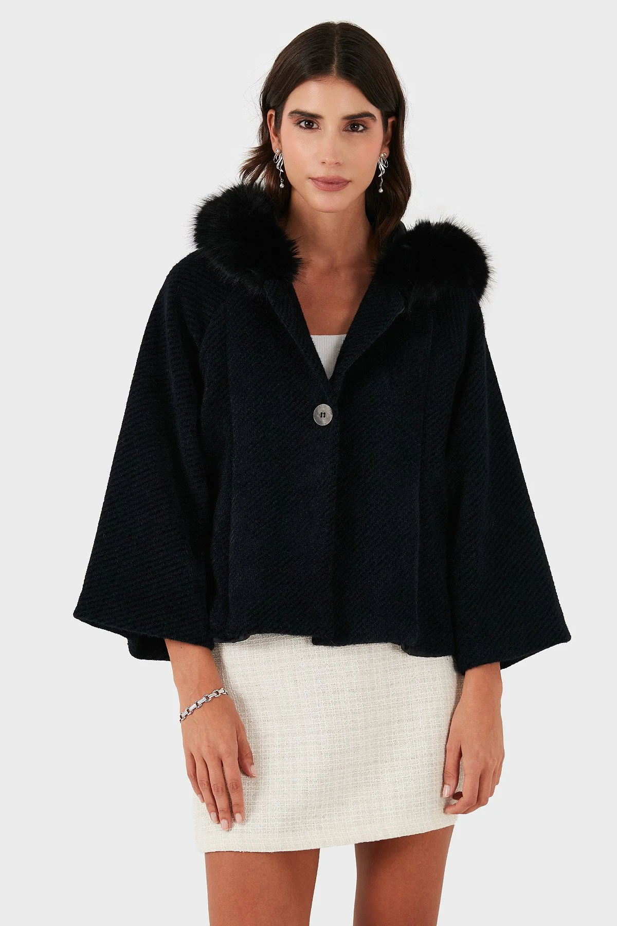 Via Dante Oversize Yumuşak Tüylü Kapüşon Truvakar Kollu Bayan Mont 690920 SİYAH - 4