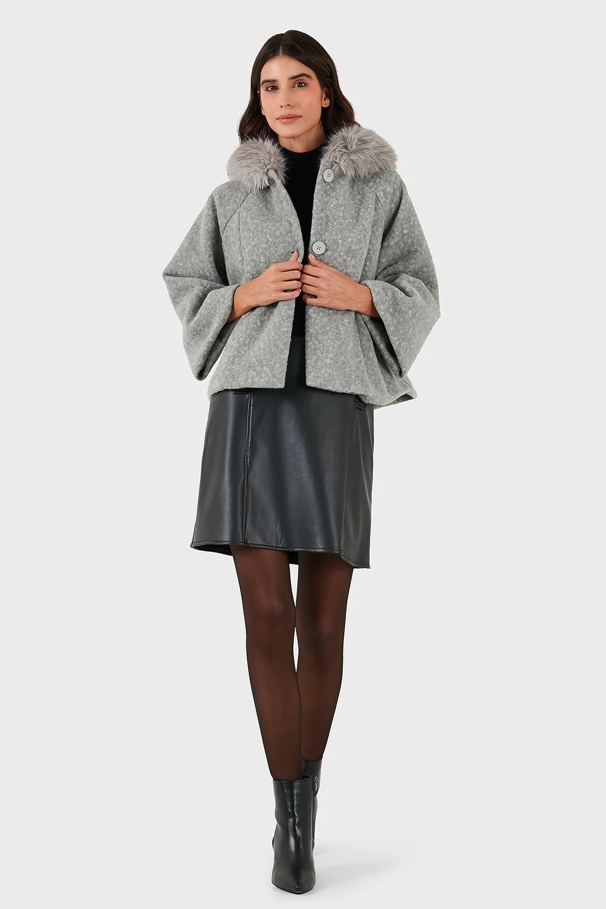 Via Dante Oversize Yumuşak Tüylü Kapüşonlu Truvakar Kol Astarlı Bayan Mont 690919 GRİ - 2