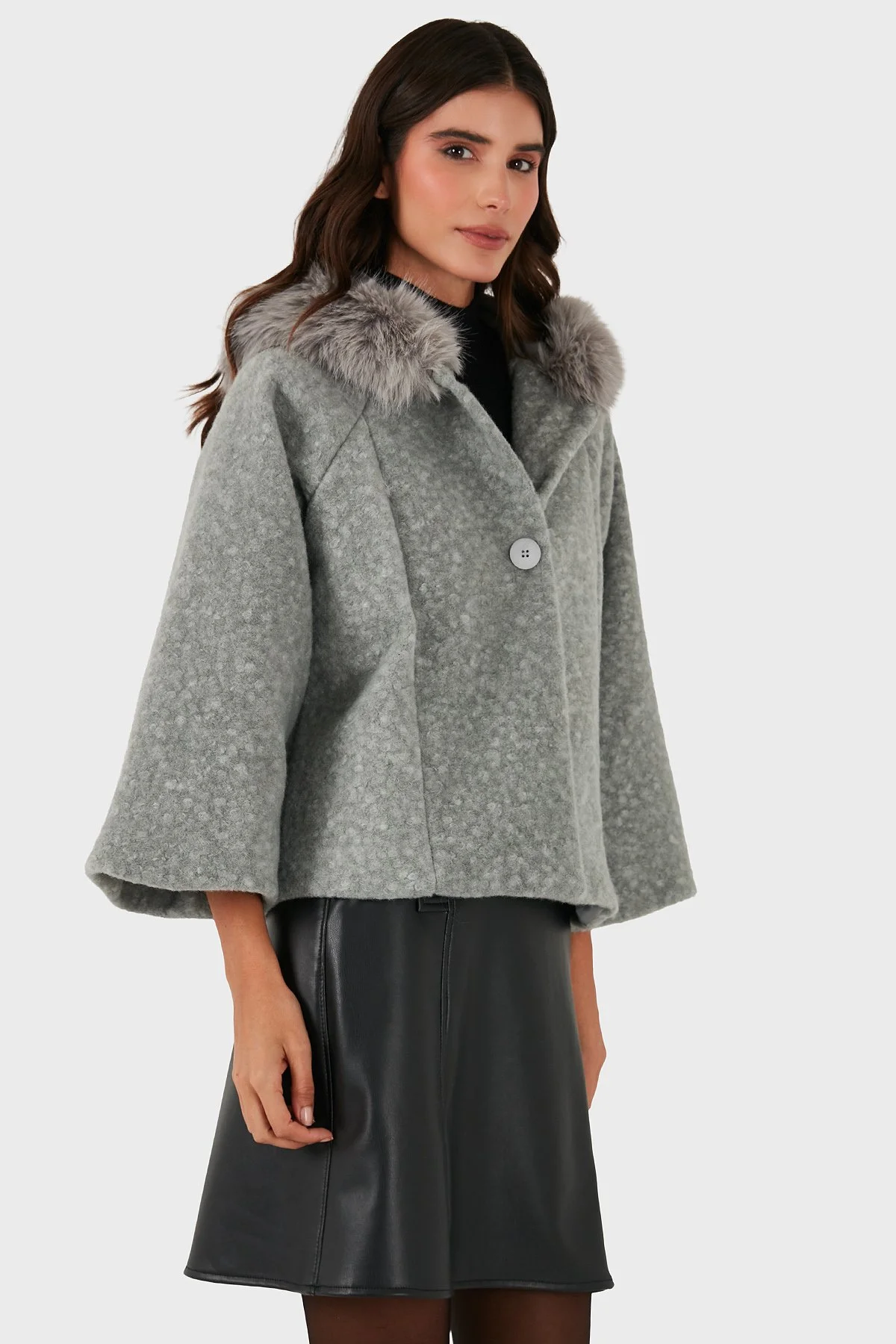 Via Dante Oversize Yumuşak Tüylü Kapüşonlu Truvakar Kol Astarlı Bayan Mont 690919 GRİ - 4