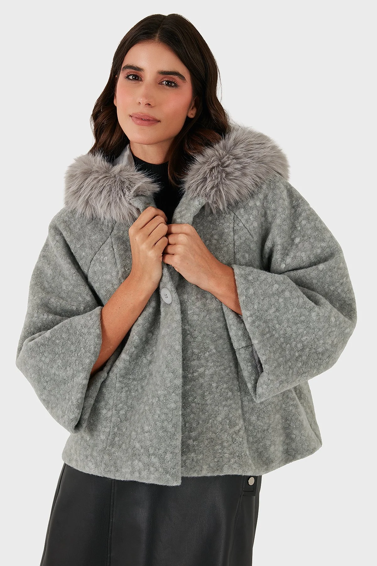 Via Dante Oversize Yumuşak Tüylü Kapüşonlu Truvakar Kol Astarlı Bayan Mont 690919 GRİ - 5