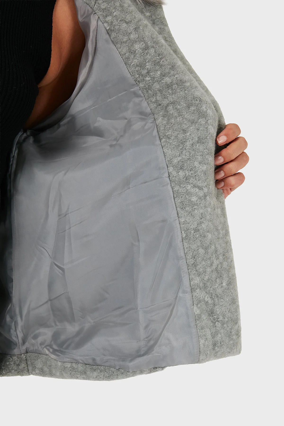 Via Dante Oversize Yumuşak Tüylü Kapüşonlu Truvakar Kol Astarlı Bayan Mont 690919 GRİ - 7