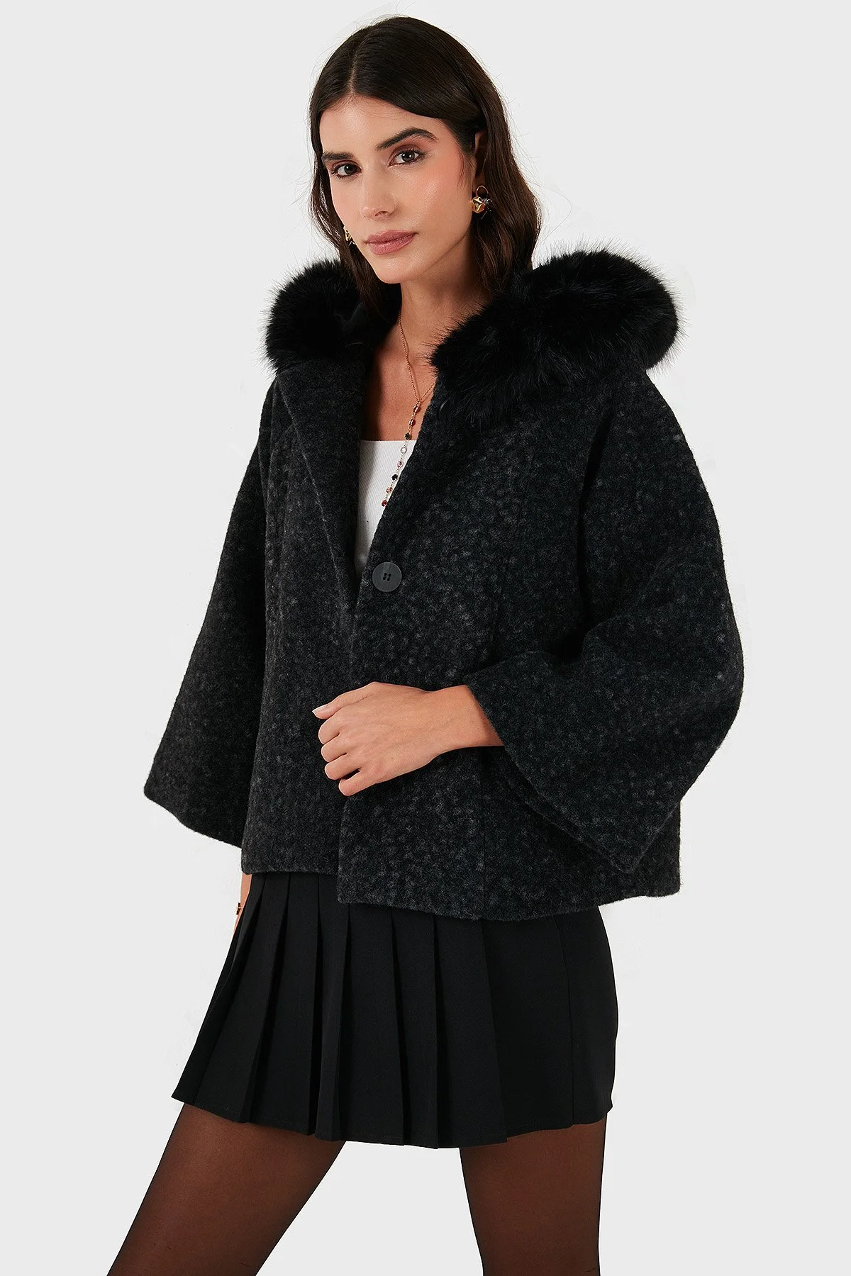 Via Dante Oversize Yumuşak Tüylü Kapüşonlu Truvakar Kol Astarlı Bayan Mont 690919 SİYAH - 4