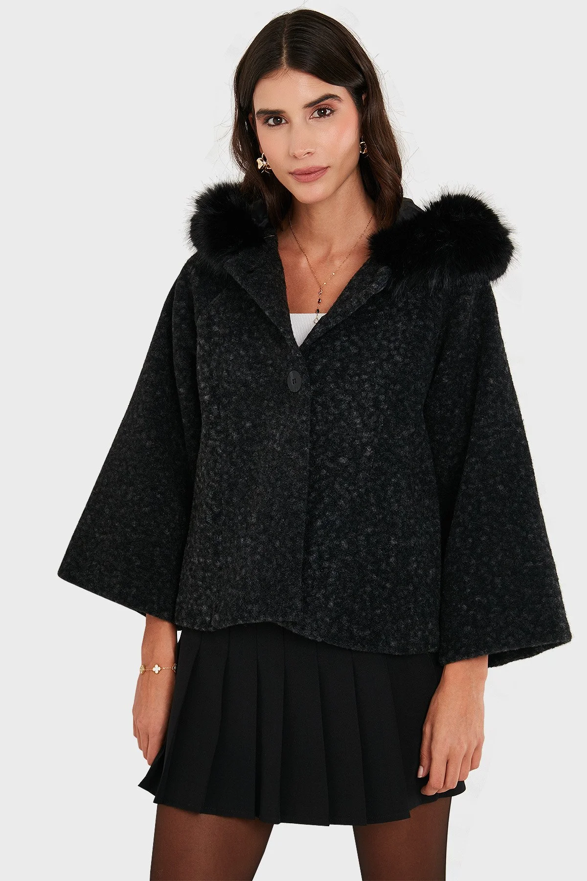 Via Dante Oversize Yumuşak Tüylü Kapüşonlu Truvakar Kol Astarlı Bayan Mont 690919 SİYAH - 5