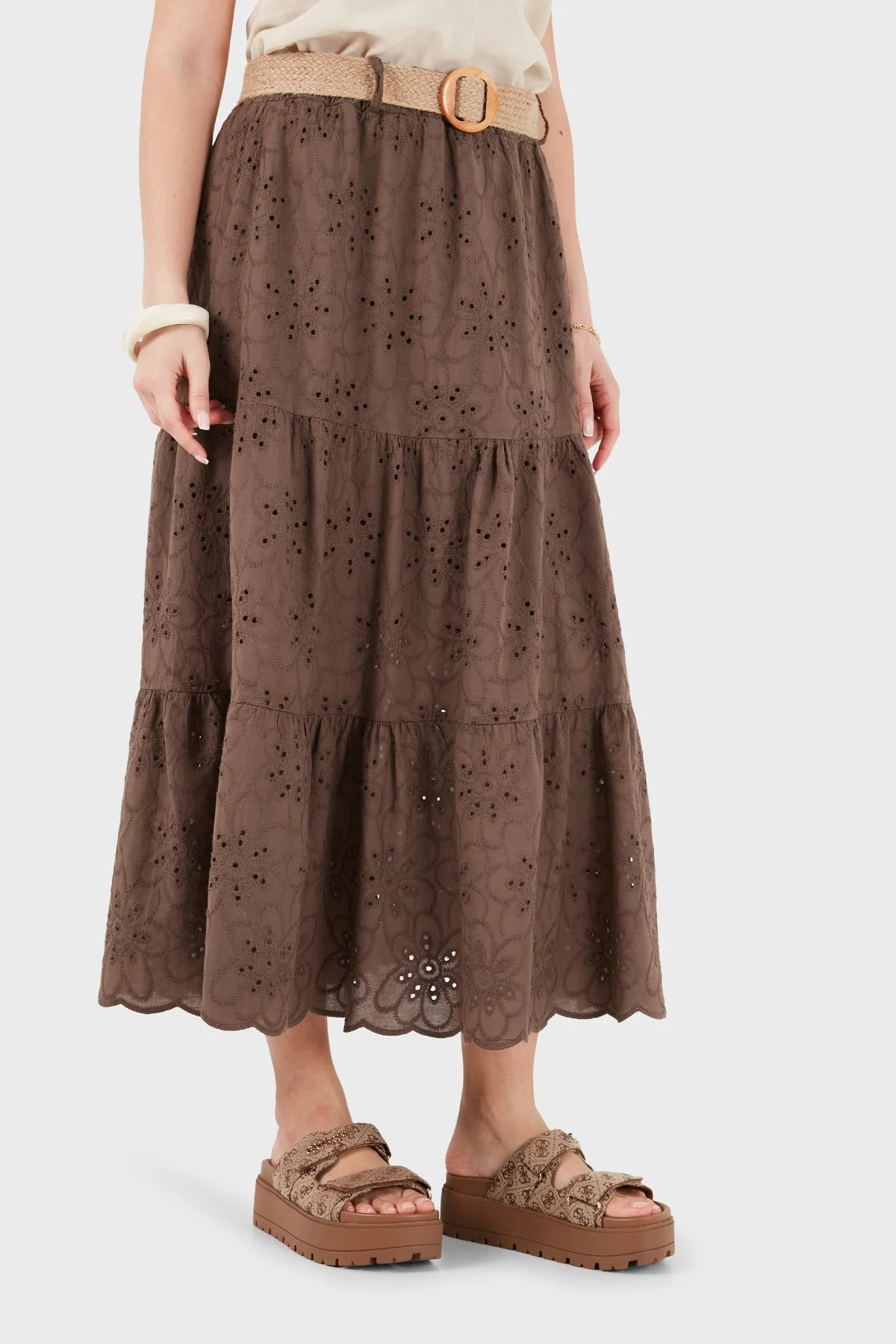 Via Dante Pamuklu Relaxed Fit Brode İşlemeli Midi Kadın Etek 2511 KAHVE - 4