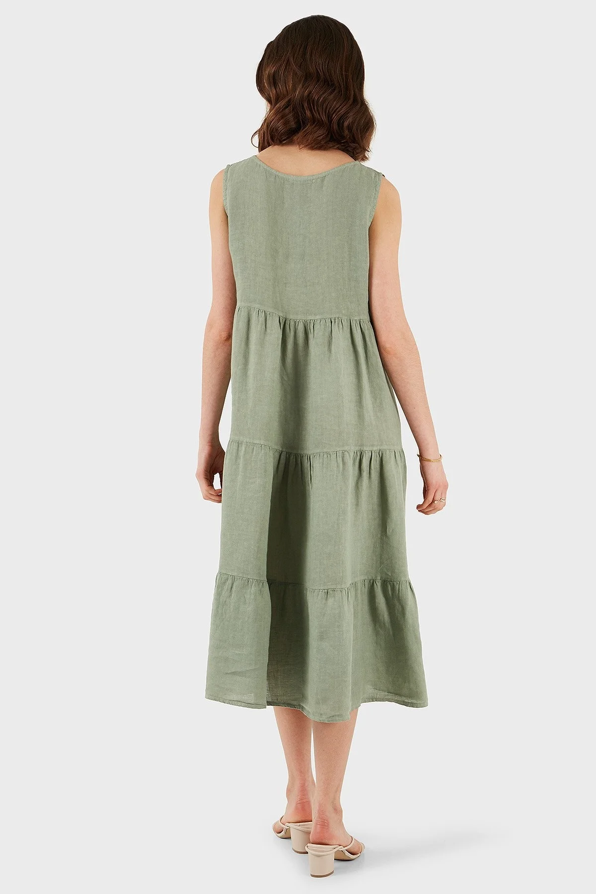 Via Dante Regular Fit Bisiklet Yaka Volanlı Midi Keten Bayan Elbise 7202544 HAKİ - 3