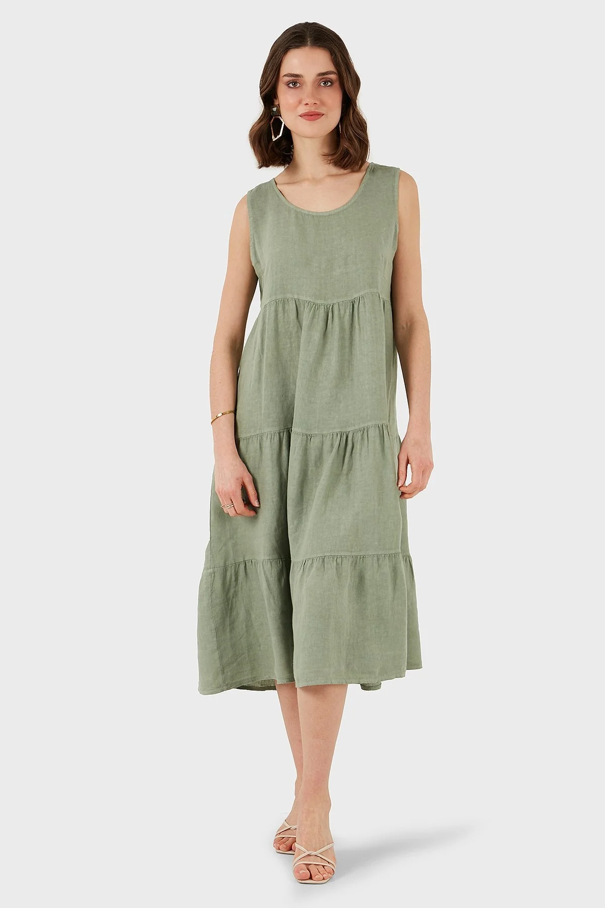 Via Dante Regular Fit Bisiklet Yaka Volanlı Midi Keten Bayan Elbise 7202544 HAKİ - 5