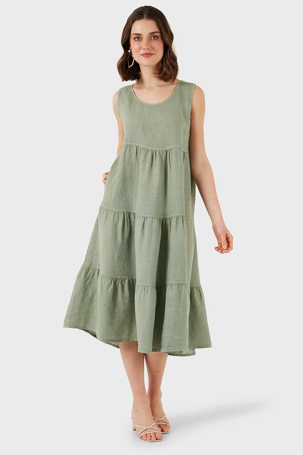 Via Dante Regular Fit Bisiklet Yaka Volanlı Midi Keten Bayan Elbise 7202544 HAKİ - 6