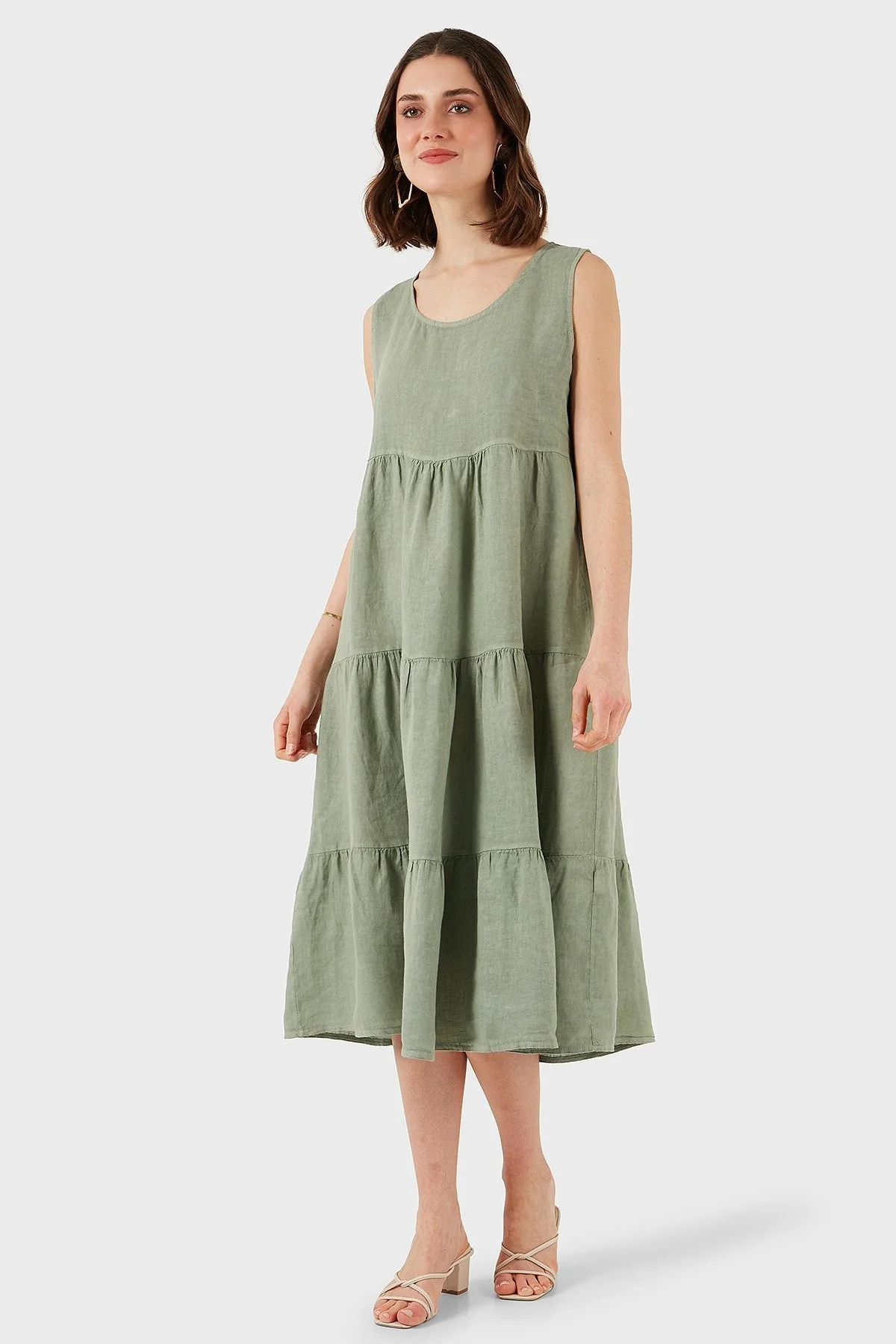 Via Dante Regular Fit Bisiklet Yaka Volanlı Midi Keten Bayan Elbise 7202544 HAKİ - 7