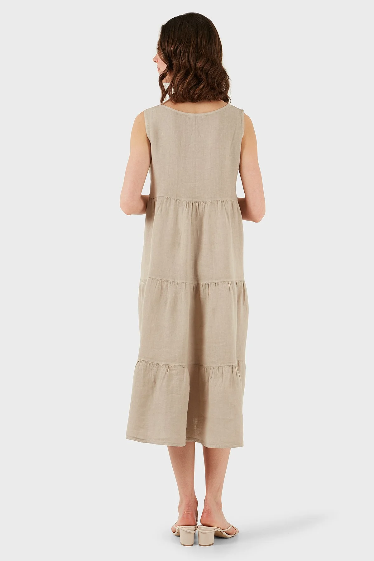 Via Dante Regular Fit Bisiklet Yaka Volanlı Midi Keten Bayan Elbise 7202687 TAŞ - 3