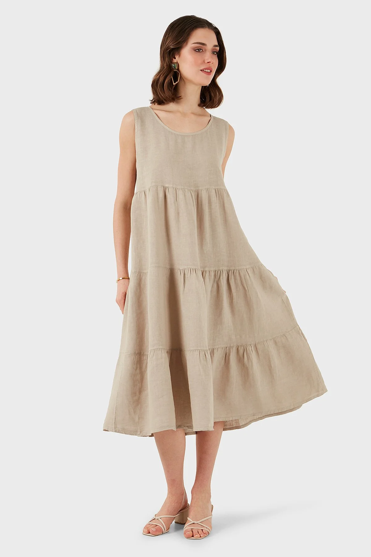 Via Dante Regular Fit Bisiklet Yaka Volanlı Midi Keten Bayan Elbise 7202687 TAŞ - 4