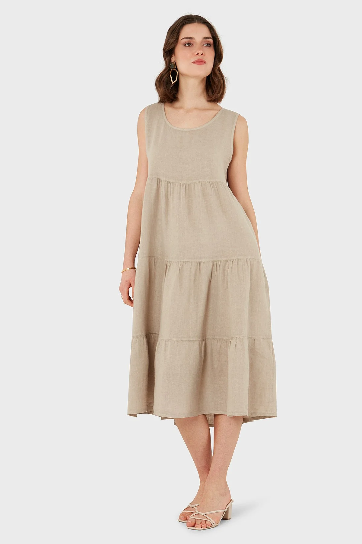 Via Dante Regular Fit Bisiklet Yaka Volanlı Midi Keten Bayan Elbise 7202687 TAŞ - 5