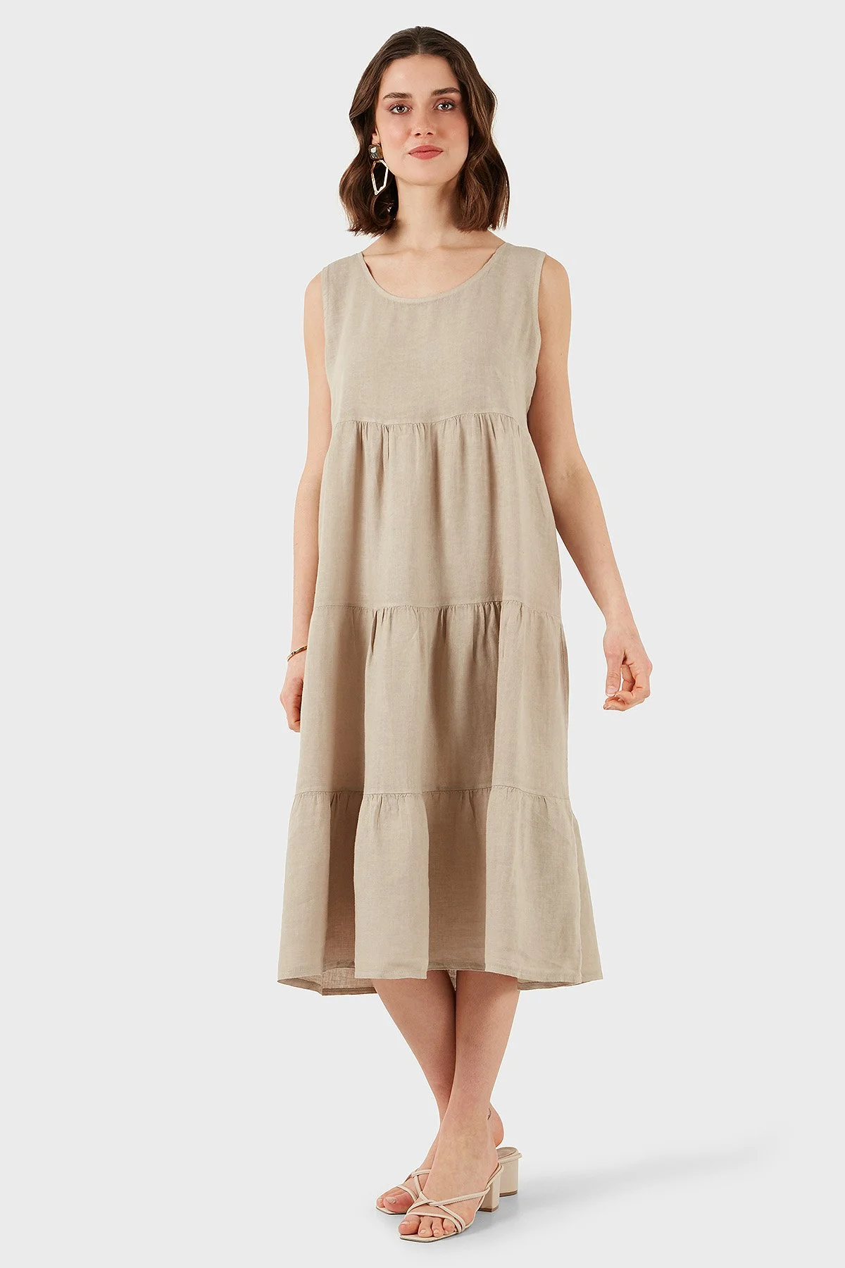 Via Dante Regular Fit Bisiklet Yaka Volanlı Midi Keten Bayan Elbise 7202687 TAŞ - 6