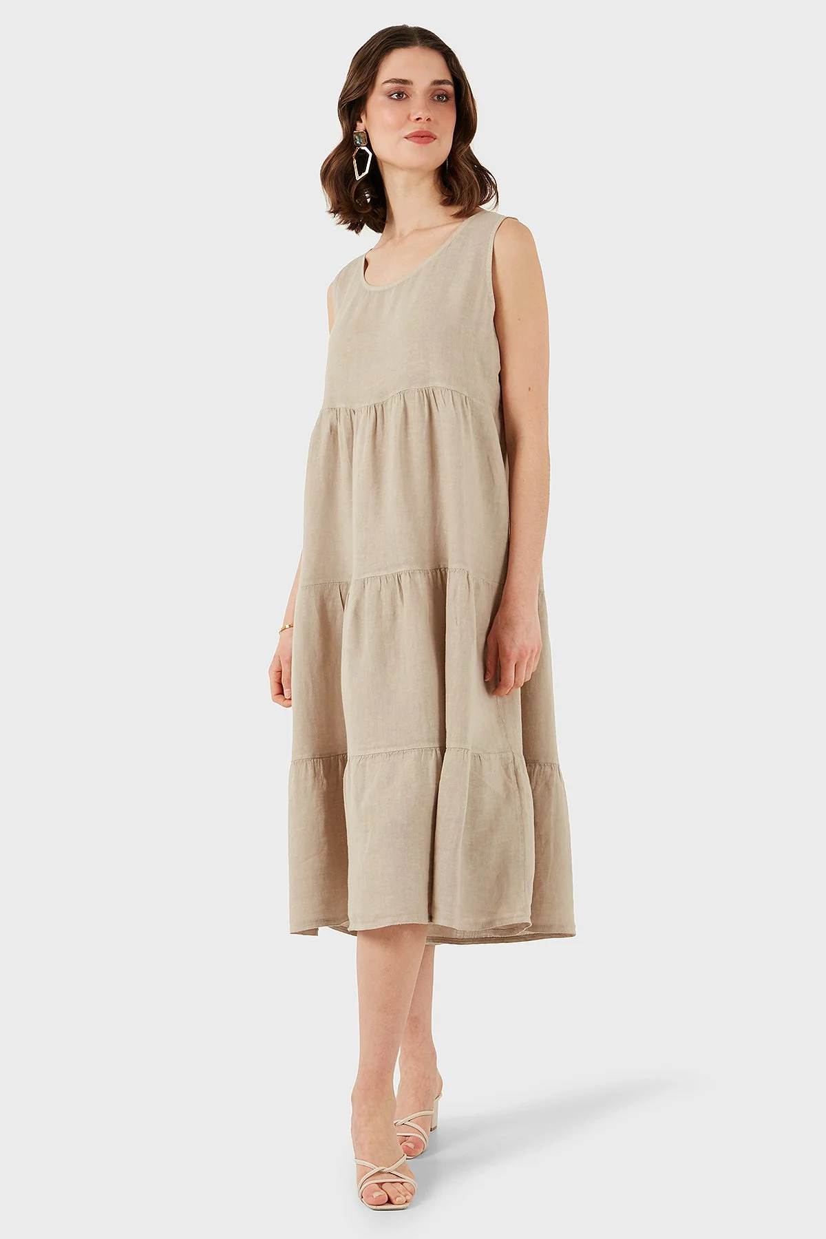 Via Dante Regular Fit Bisiklet Yaka Volanlı Midi Keten Bayan Elbise 7202687 TAŞ - 7