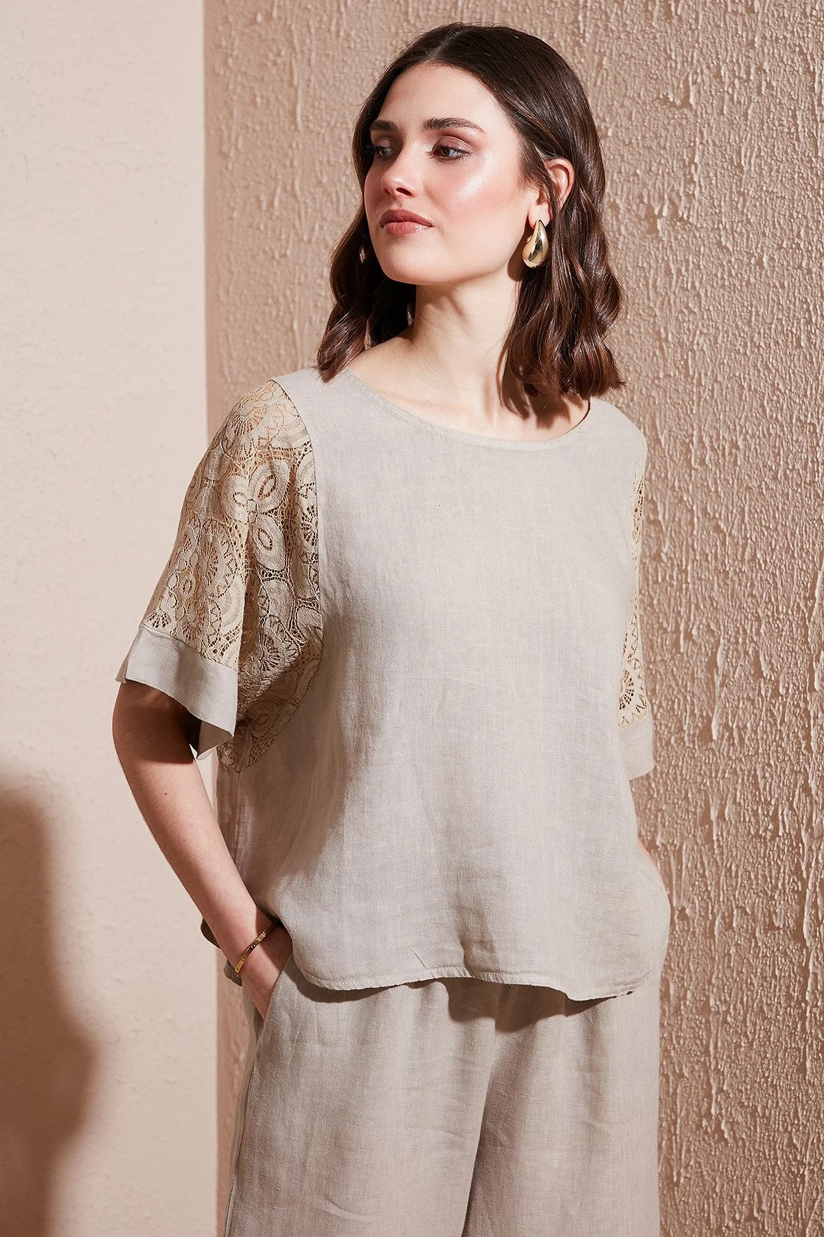 Via Dante Regular Fit Dantel Detaylı Keten Bayan Bluz 7222687 TAŞ - 8