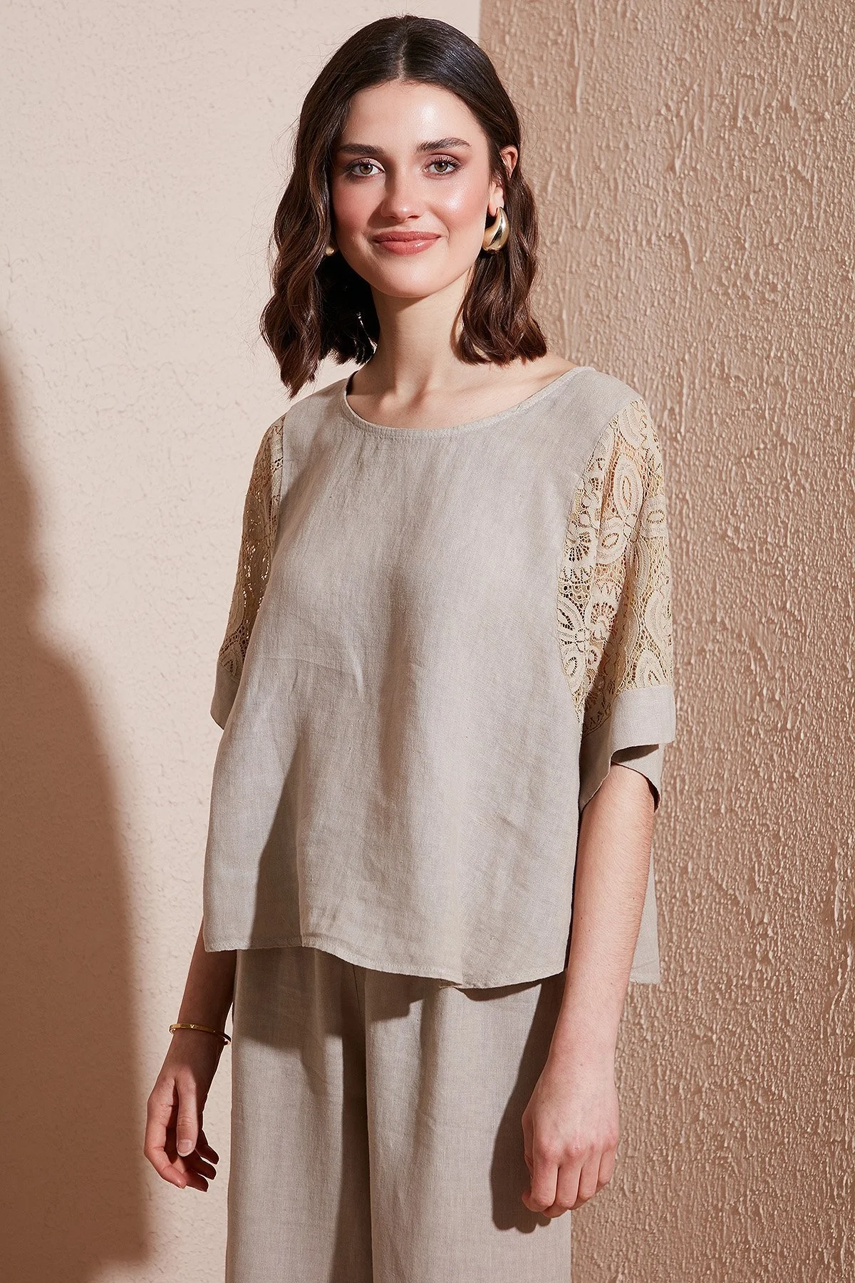 Via Dante Regular Fit Dantel Detaylı Keten Bayan Bluz 7222687 TAŞ - 9