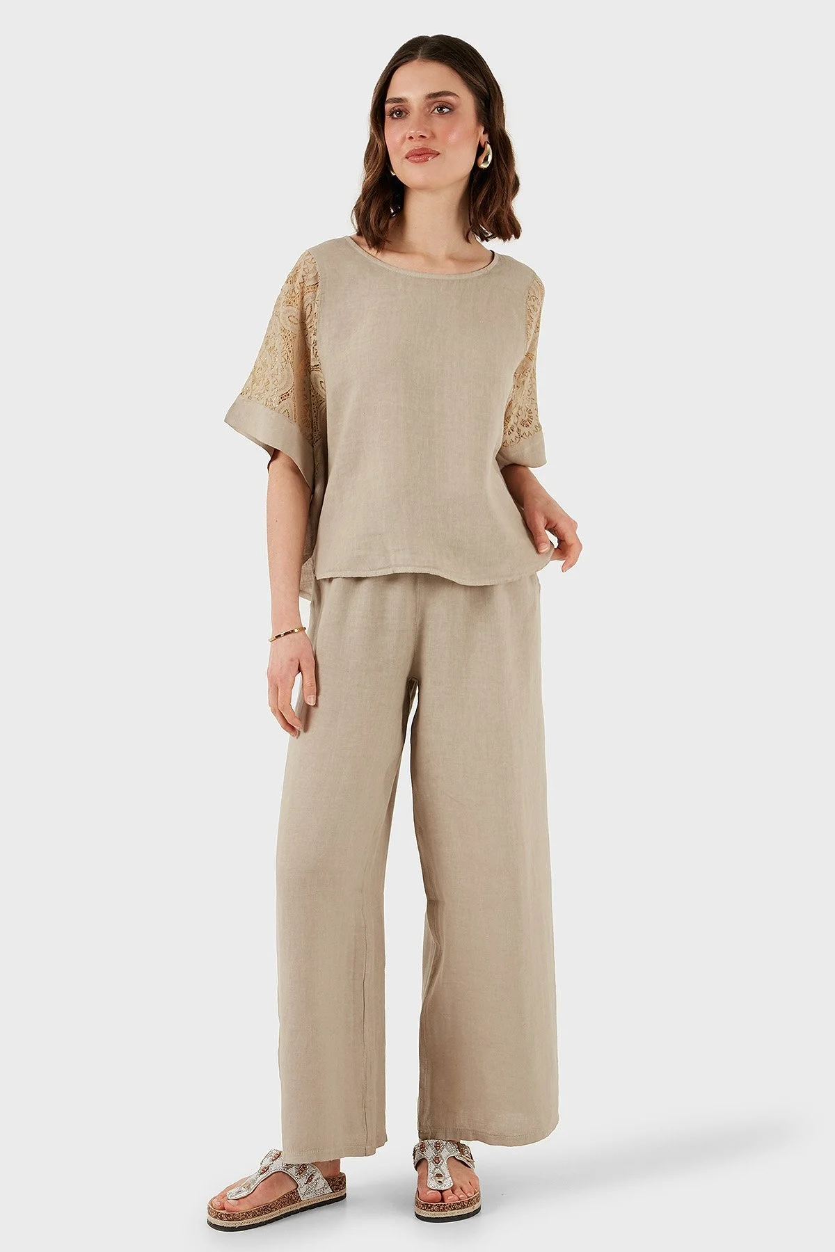 Via Dante Regular Fit Dantel Detaylı Keten Bayan Bluz 7222687 TAŞ - 11