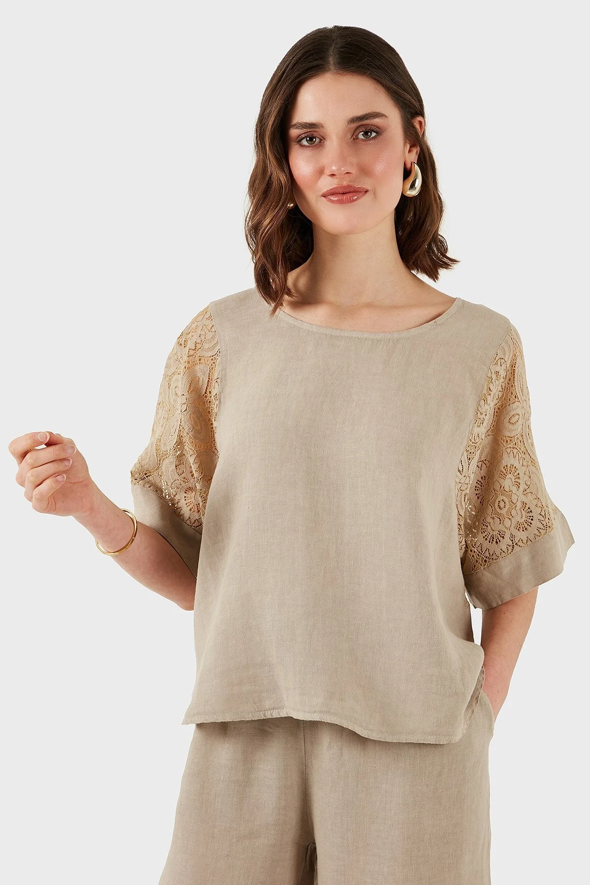 Via Dante Regular Fit Dantel Detaylı Keten Bayan Bluz 7222687 TAŞ - 12