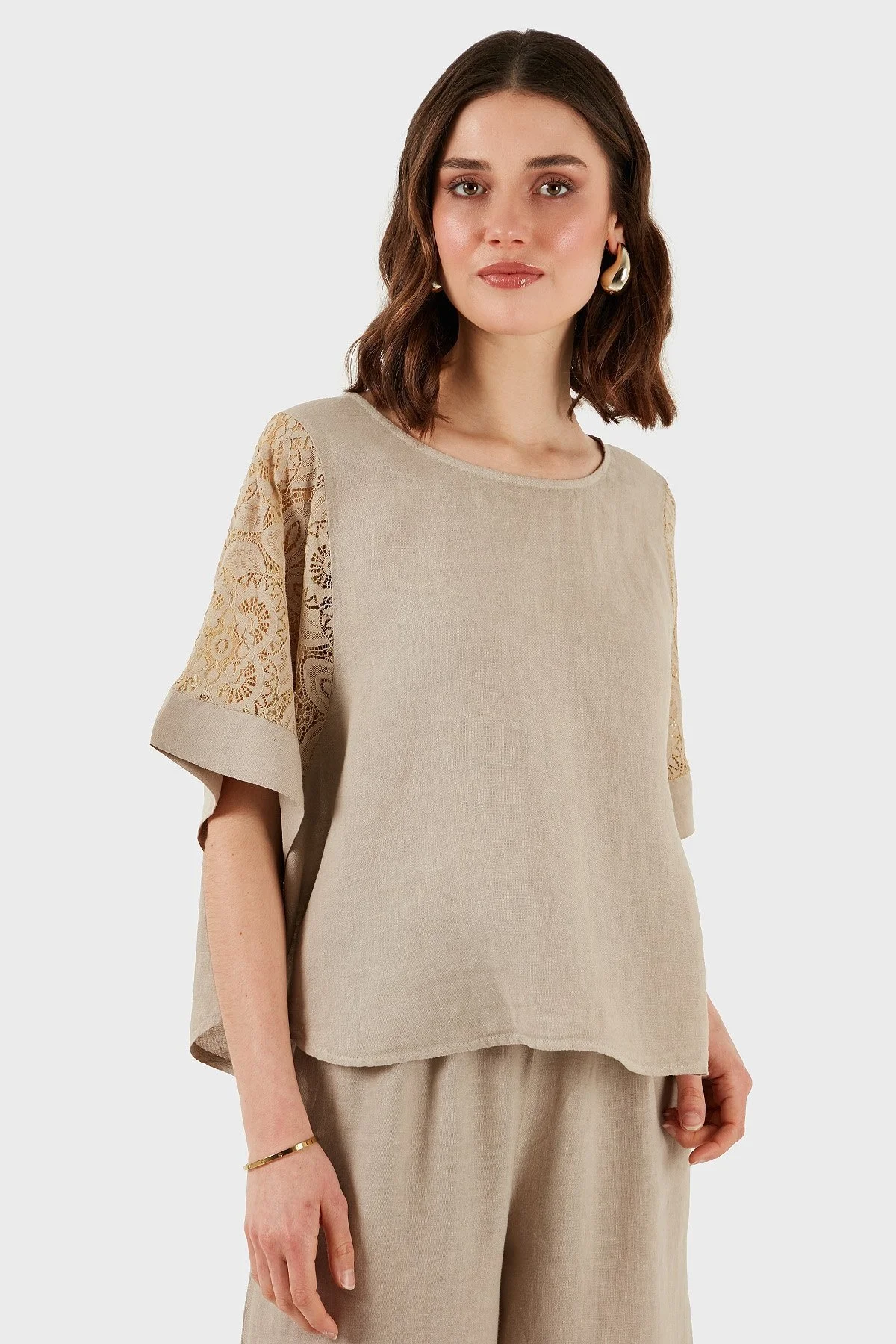 Via Dante Regular Fit Dantel Detaylı Keten Bayan Bluz 7222687 TAŞ - 13