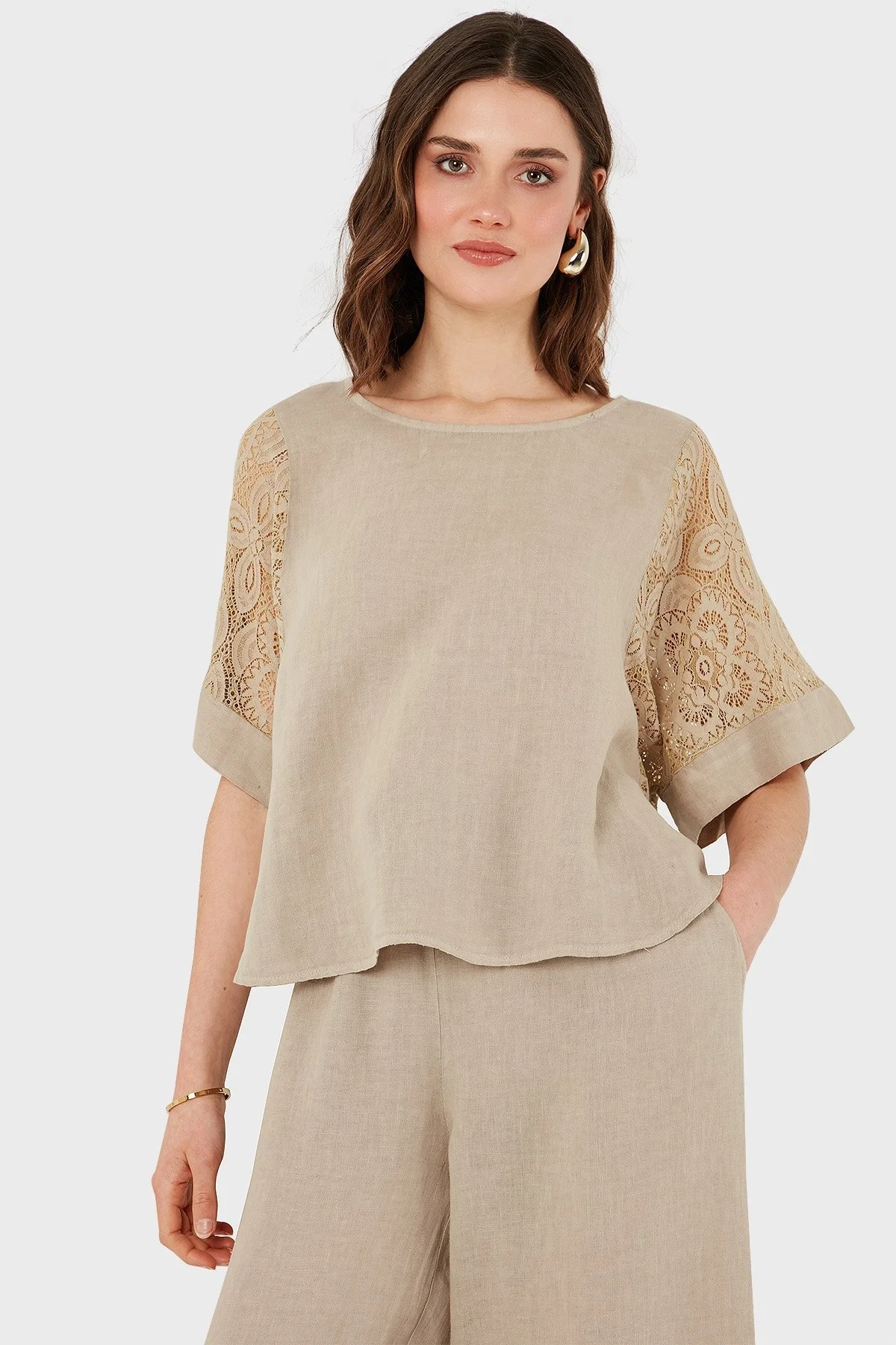 Via Dante Regular Fit Dantel Detaylı Keten Bayan Bluz 7222687 TAŞ - 14