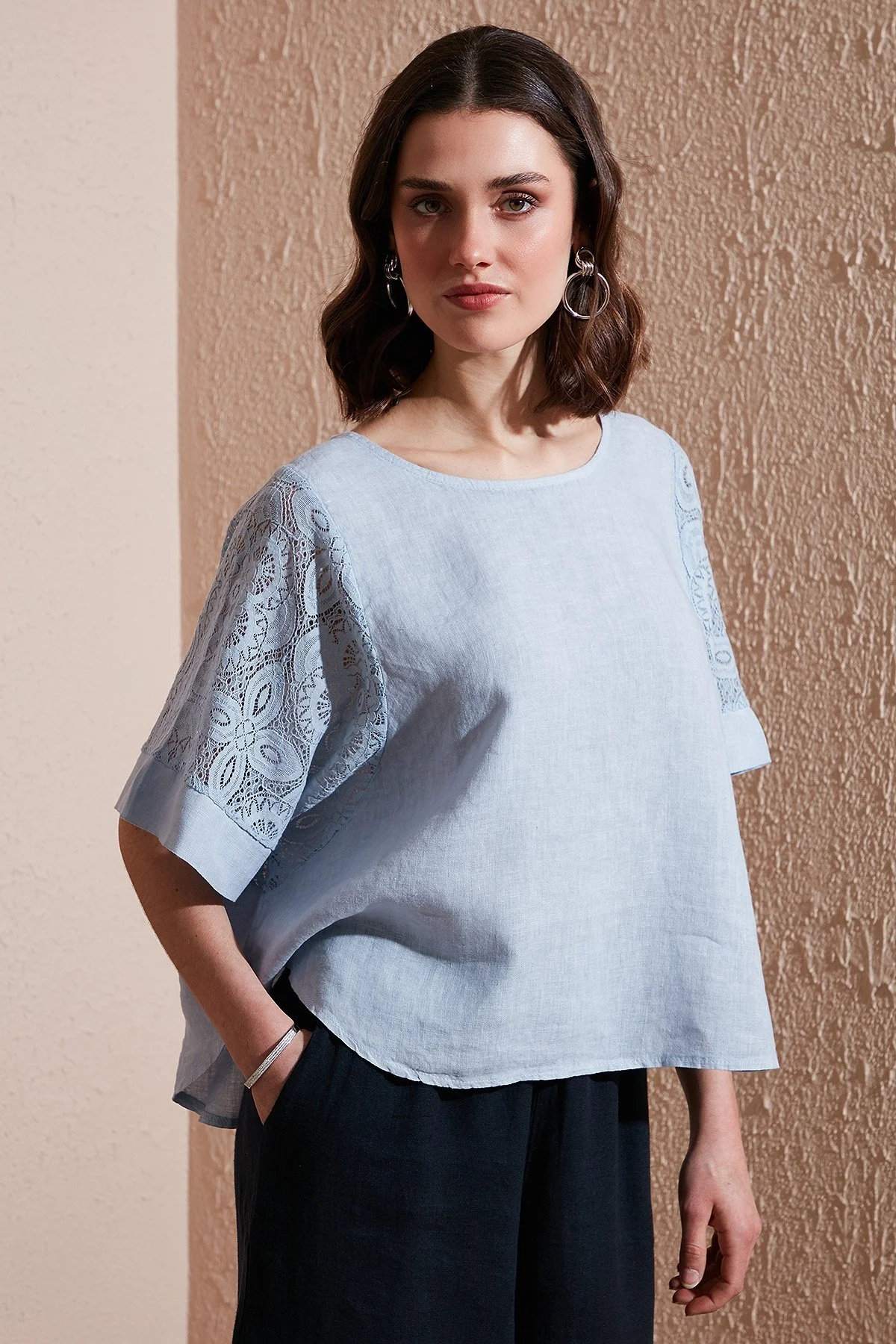 Via Dante Regular Fit Dantel Detaylı Keten Bayan Bluz 7222690 AÇIK MAVİ - 8