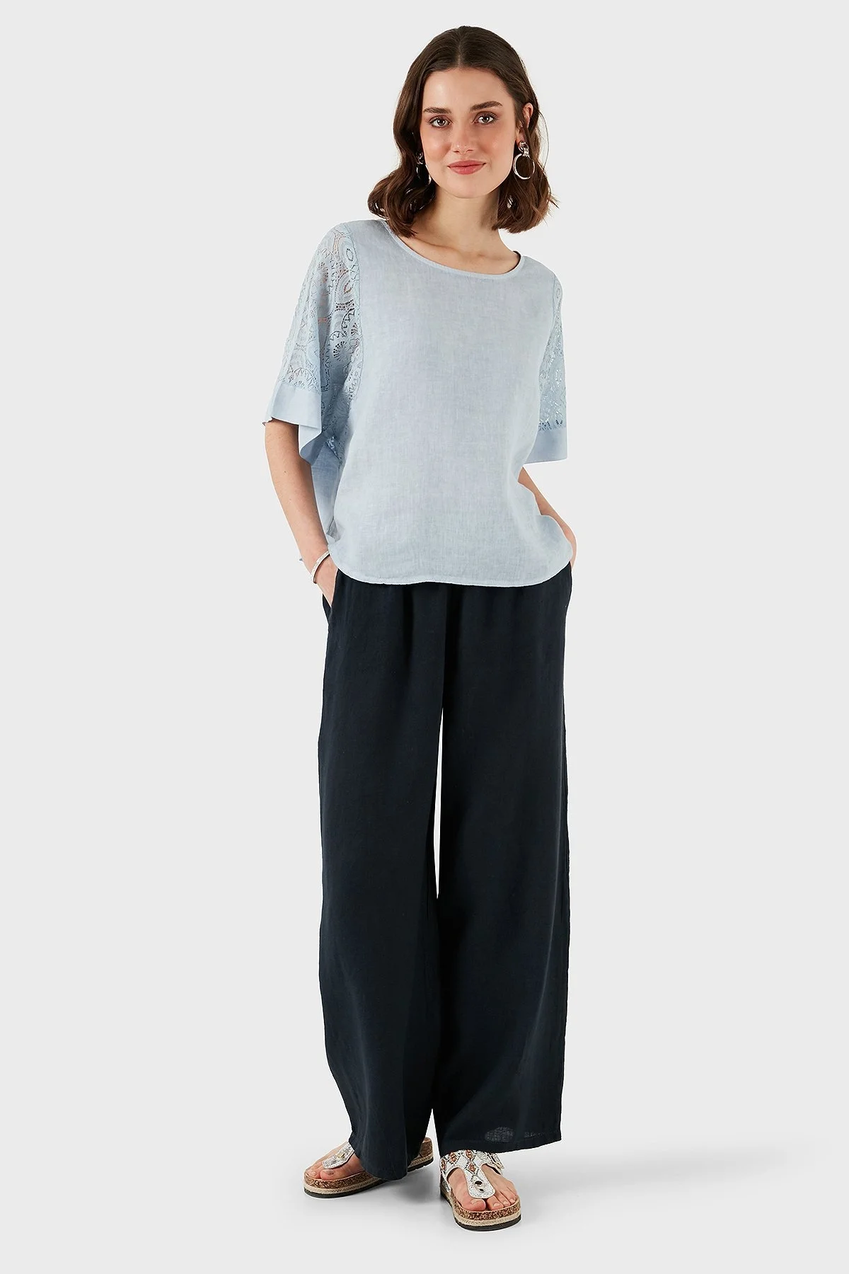 Via Dante Regular Fit Dantel Detaylı Keten Bayan Bluz 7222690 AÇIK MAVİ - 9