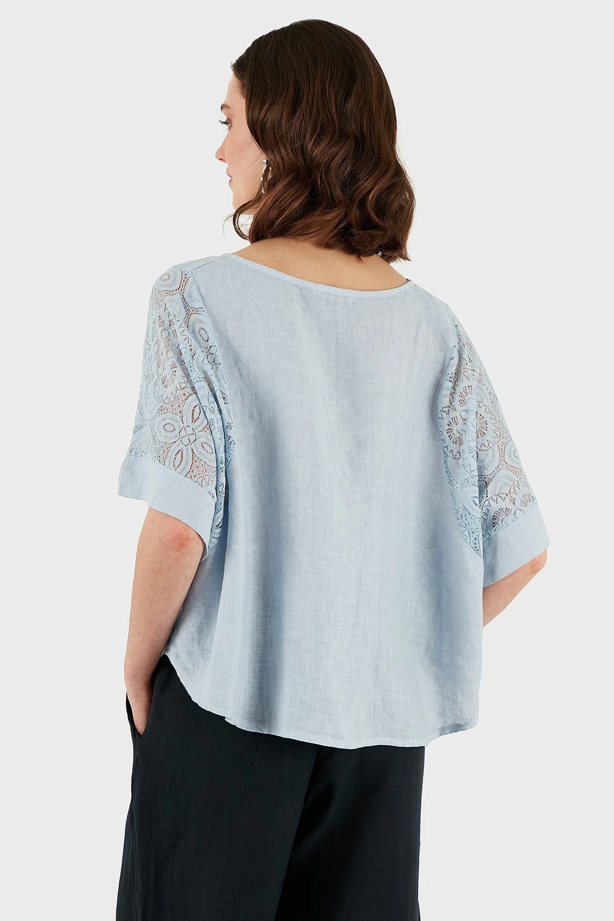 Via Dante Regular Fit Dantel Detaylı Keten Bayan Bluz 7222690 AÇIK MAVİ - 10