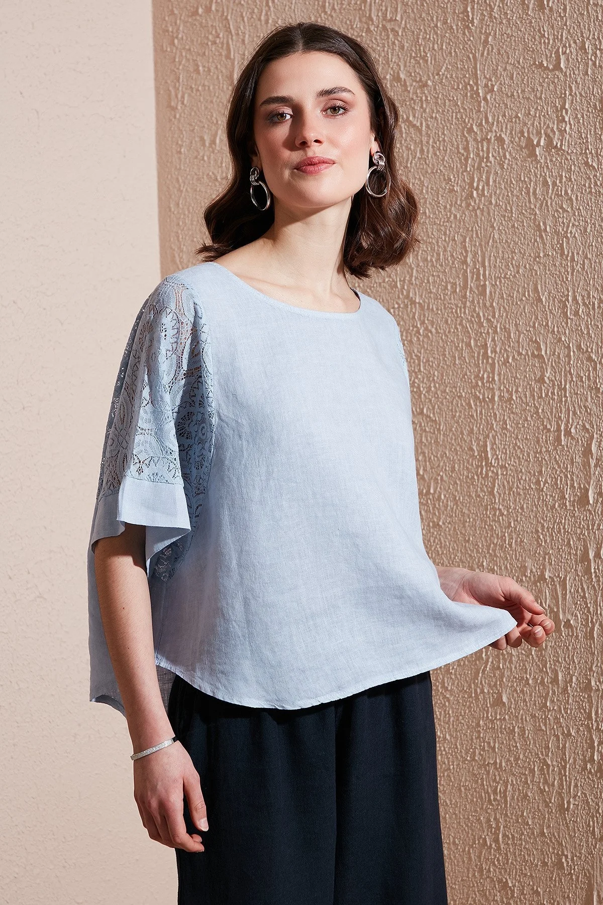 Via Dante Regular Fit Dantel Detaylı Keten Bayan Bluz 7222690 AÇIK MAVİ - 11