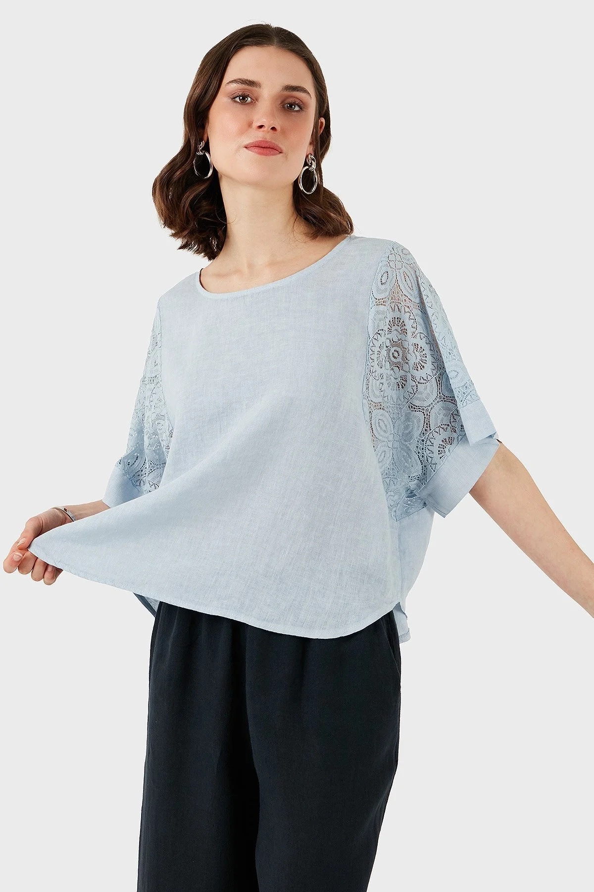 Via Dante Regular Fit Dantel Detaylı Keten Bayan Bluz 7222690 AÇIK MAVİ - 12