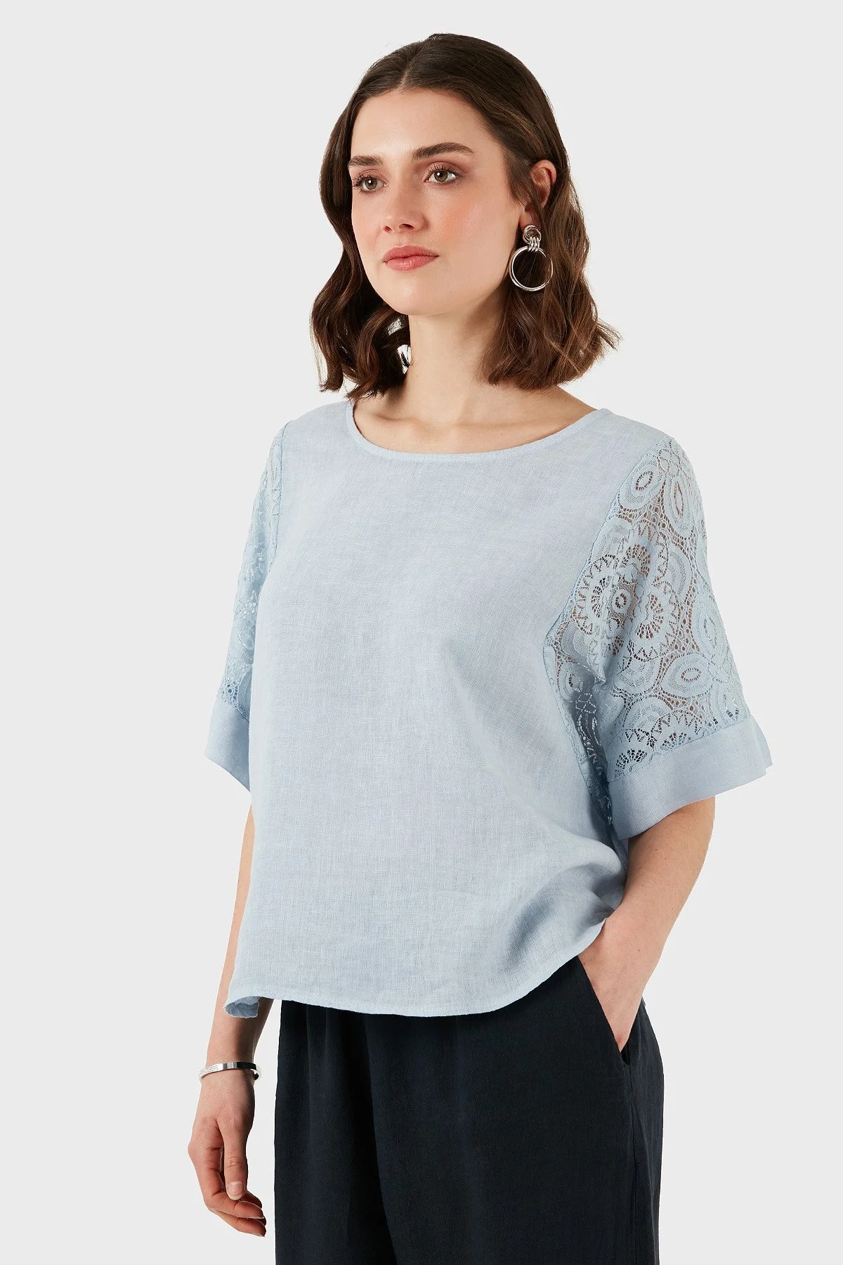 Via Dante Regular Fit Dantel Detaylı Keten Bayan Bluz 7222690 AÇIK MAVİ - 13