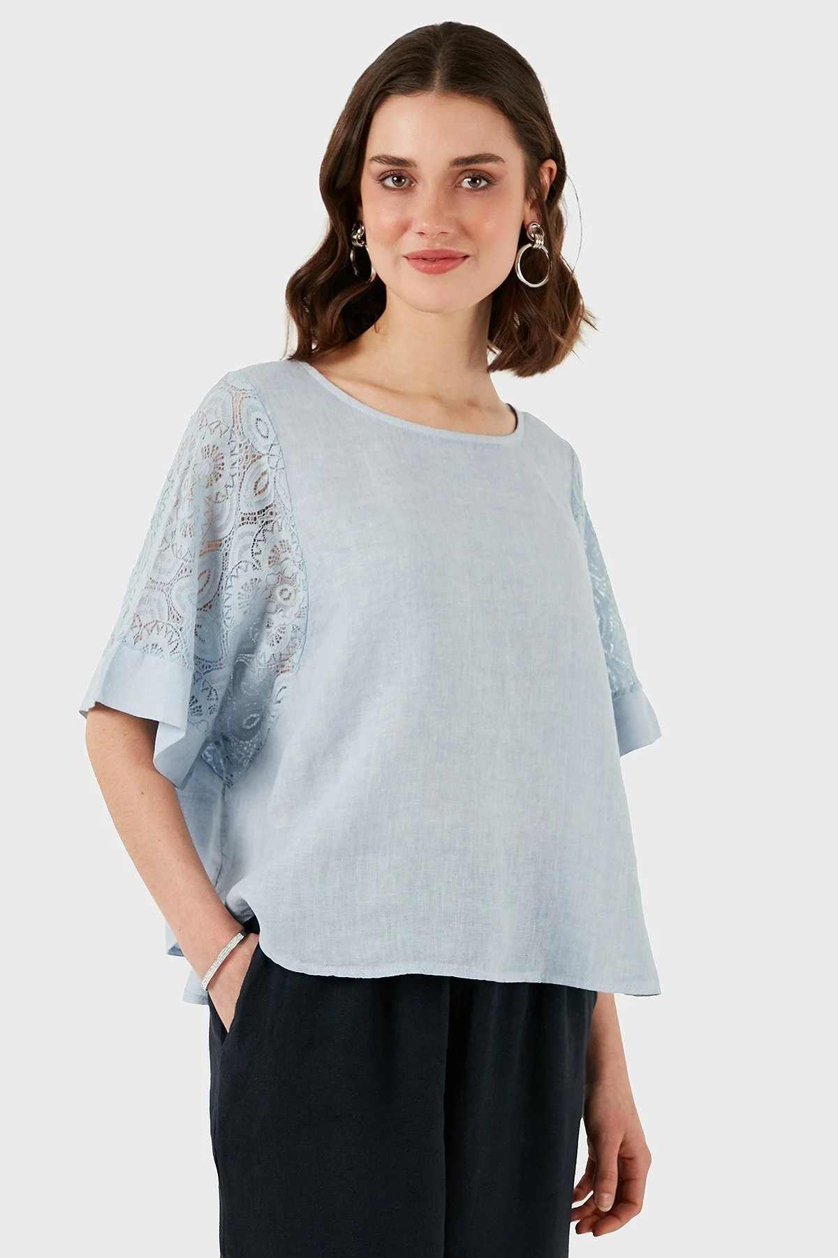 Via Dante Regular Fit Dantel Detaylı Keten Bayan Bluz 7222690 AÇIK MAVİ - 14