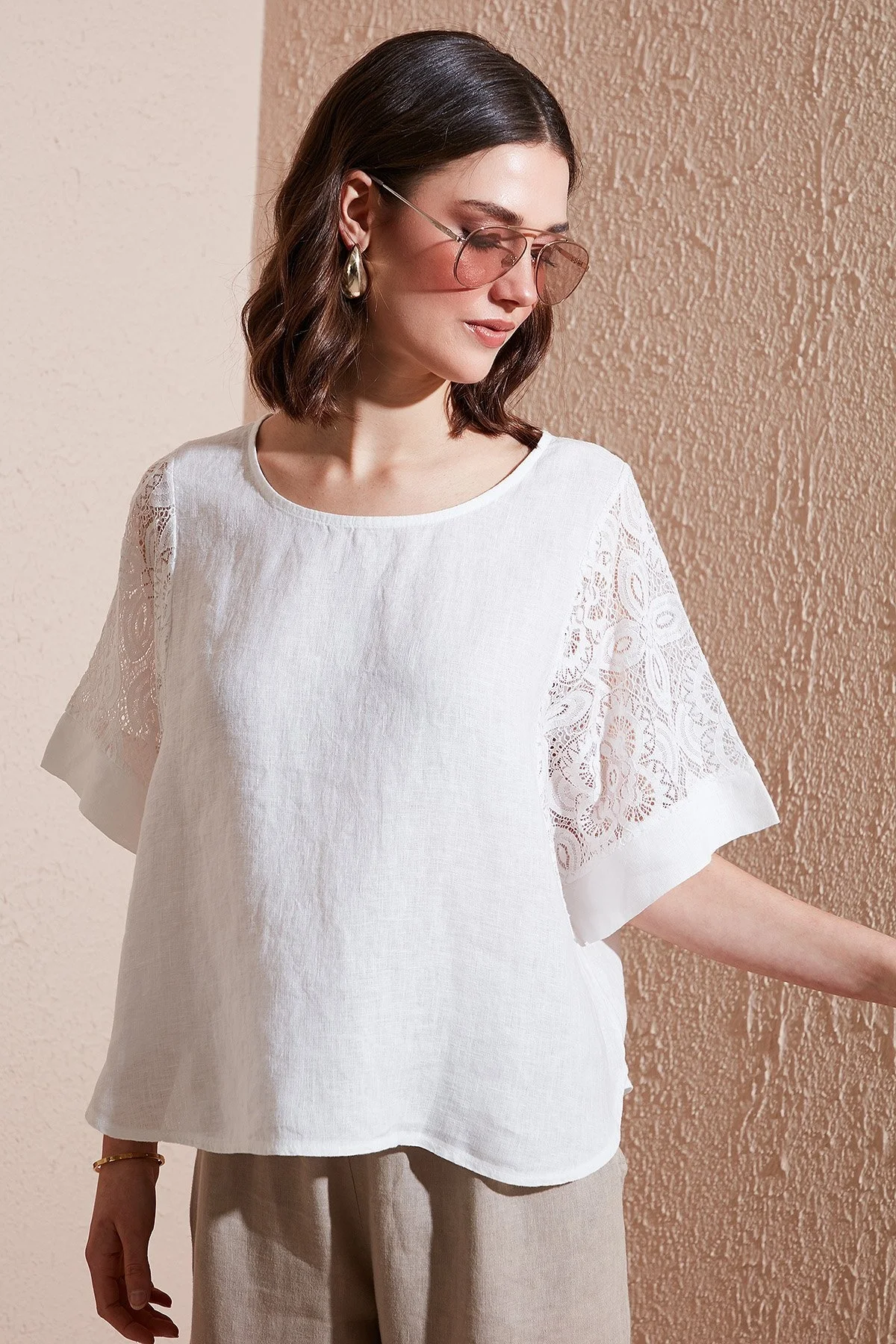 Via Dante Regular Fit Dantel Detaylı Keten Bayan Bluz 7222714 EKRU - 1