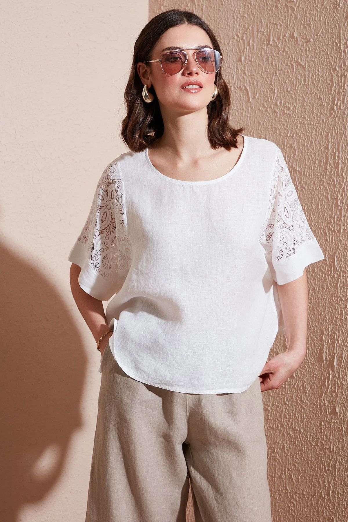 Via Dante Regular Fit Dantel Detaylı Keten Bayan Bluz 7222714 EKRU - 2