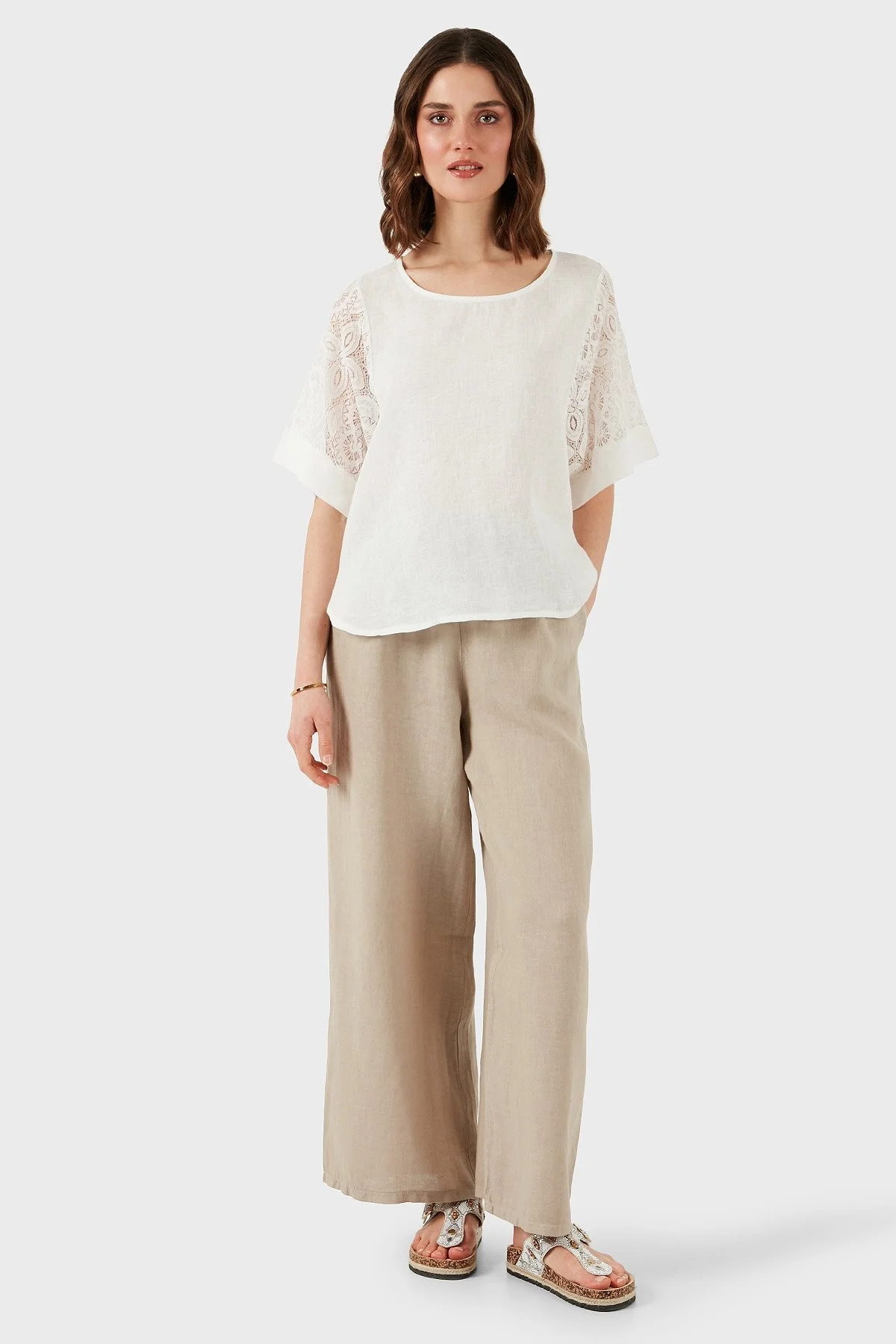 Via Dante Regular Fit Dantel Detaylı Keten Bayan Bluz 7222714 EKRU - 4