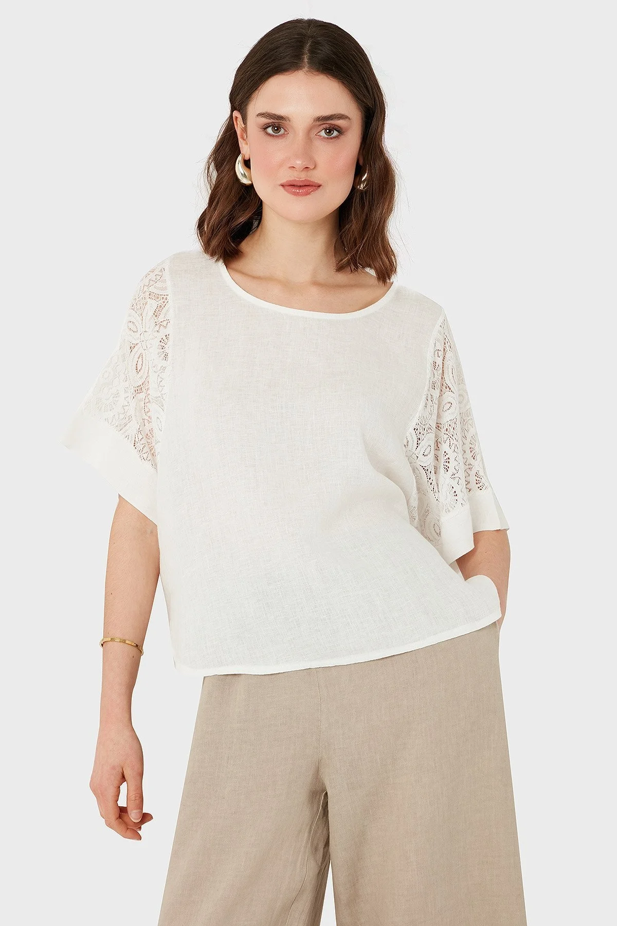 Via Dante Regular Fit Dantel Detaylı Keten Bayan Bluz 7222714 EKRU - 5