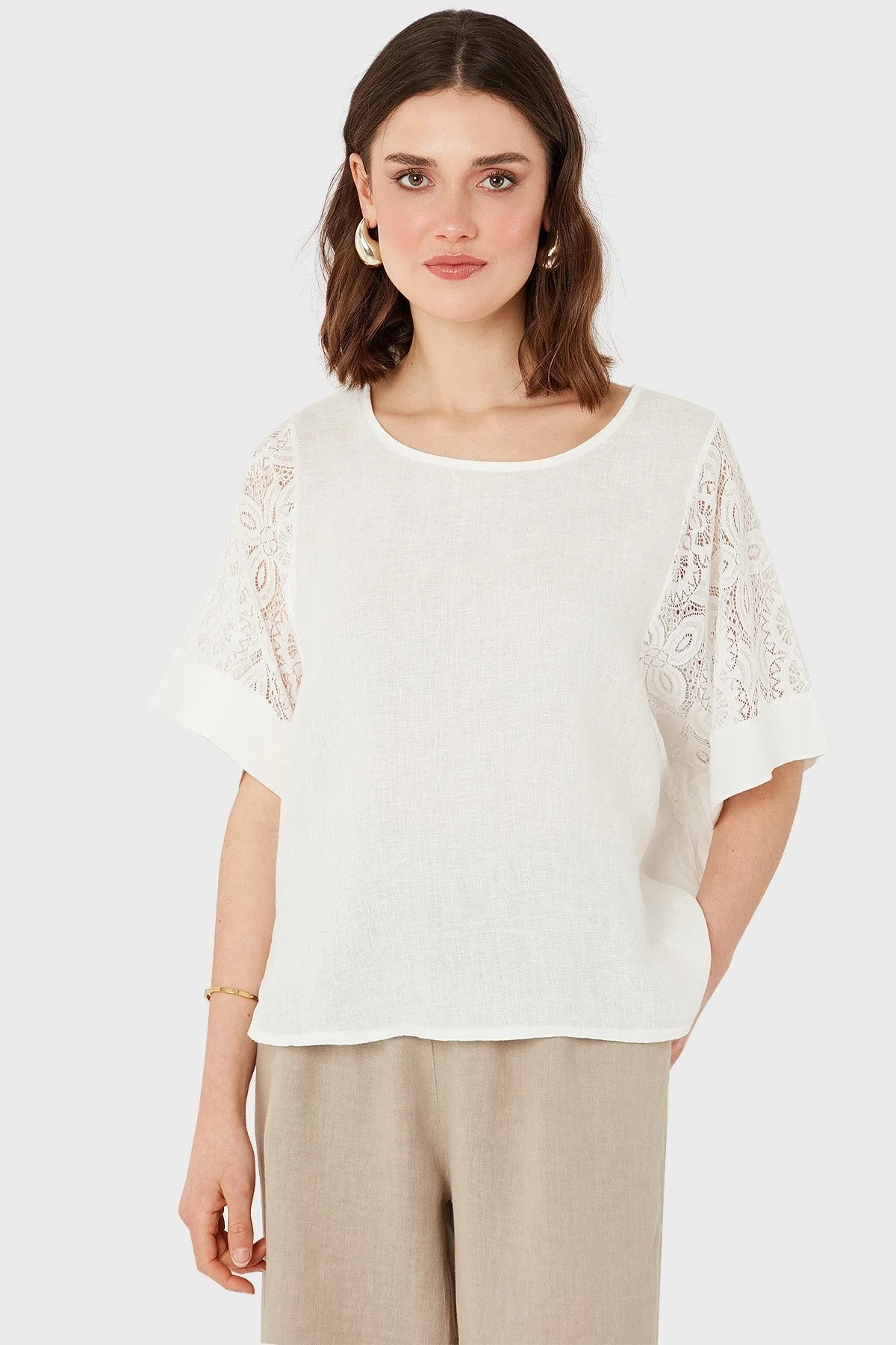 Via Dante Regular Fit Dantel Detaylı Keten Bayan Bluz 7222714 EKRU - 6