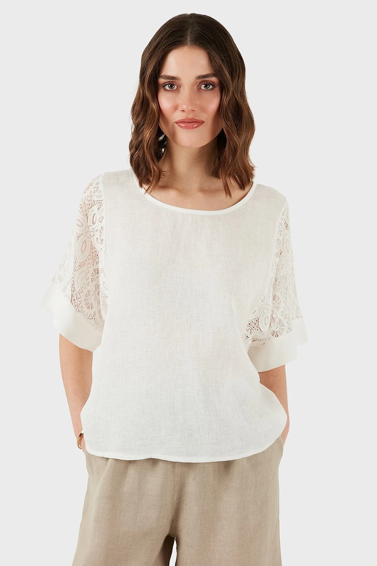 Via Dante Regular Fit Dantel Detaylı Keten Bayan Bluz 7222714 EKRU - 7
